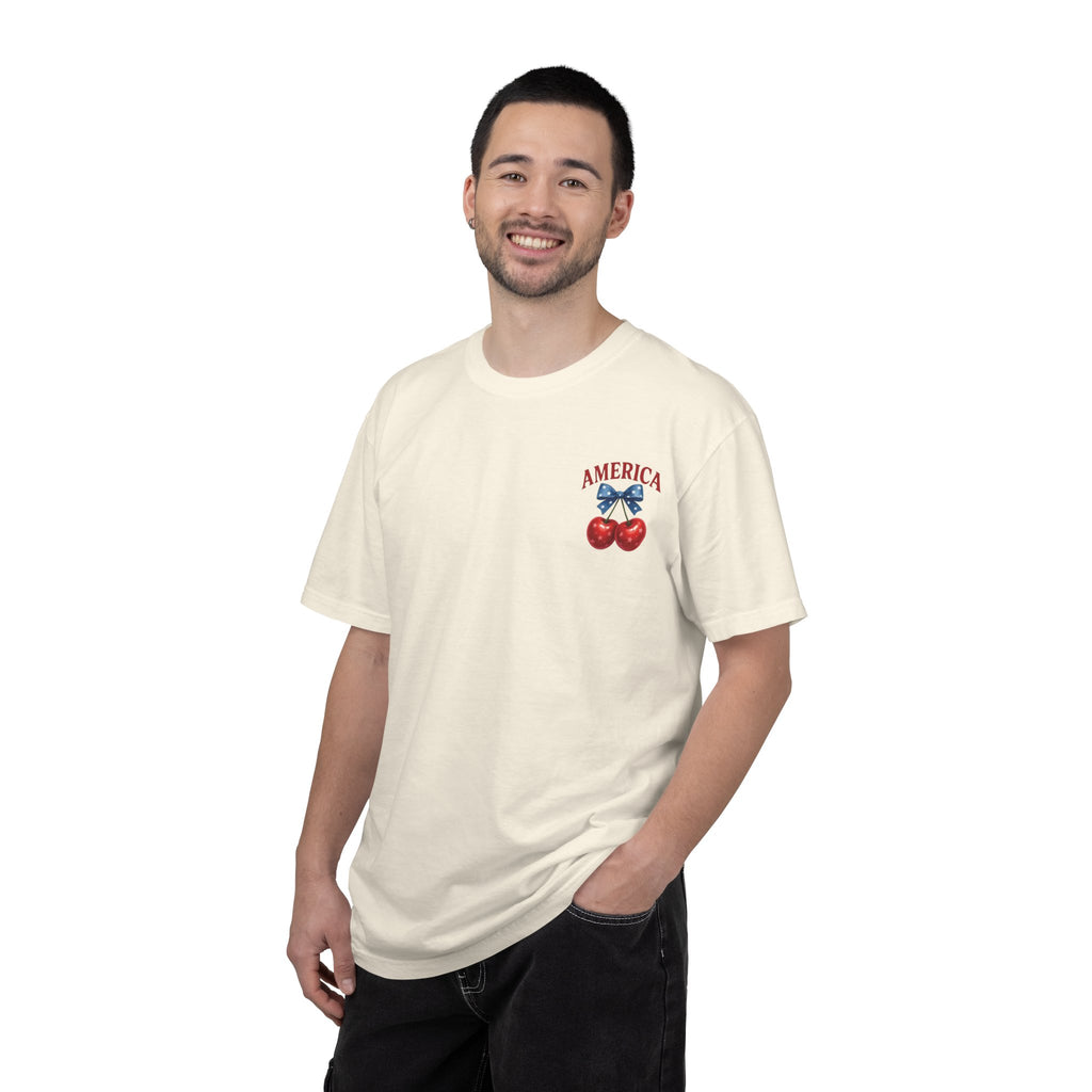 America Cherry Bow T-shirt | Patriotic Stars & Stripes Cherry Design