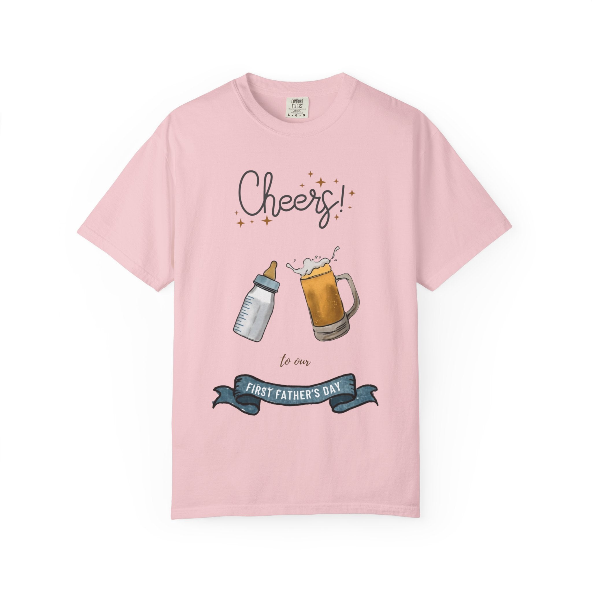 Cheers! Baby Bottle and Beer Mug First Father's Day T-Shirt | New Dad Tee