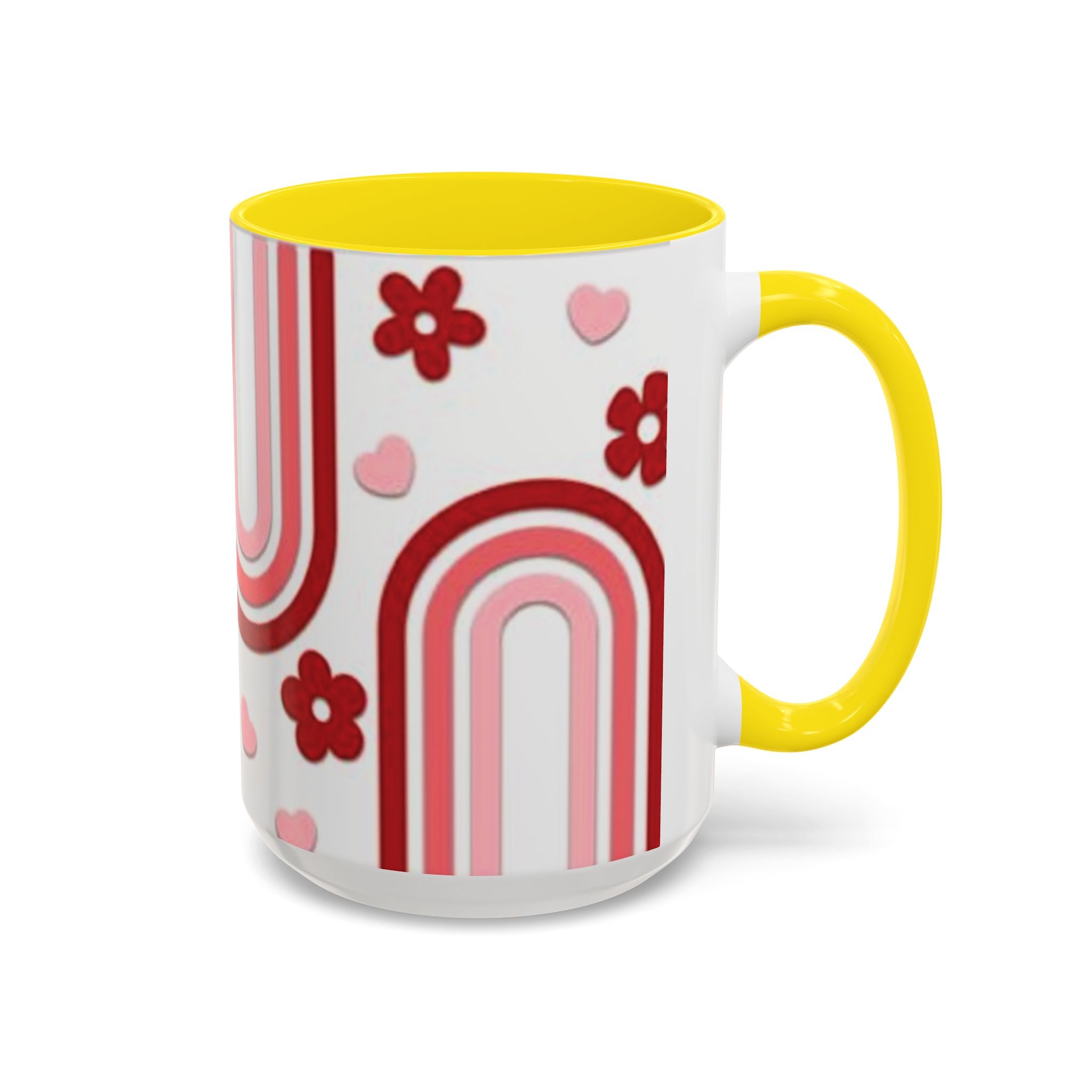 Retro Pink Rainbow Hearts and Flowers Accent Mug | 11oz or 15oz