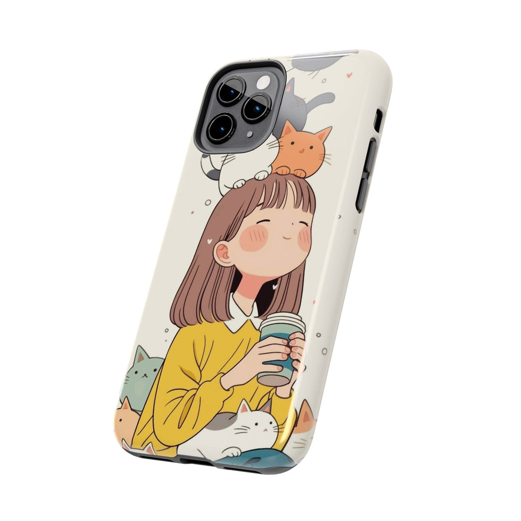 Girl with Cats Phone Case | Cute Cat Stack Illustration