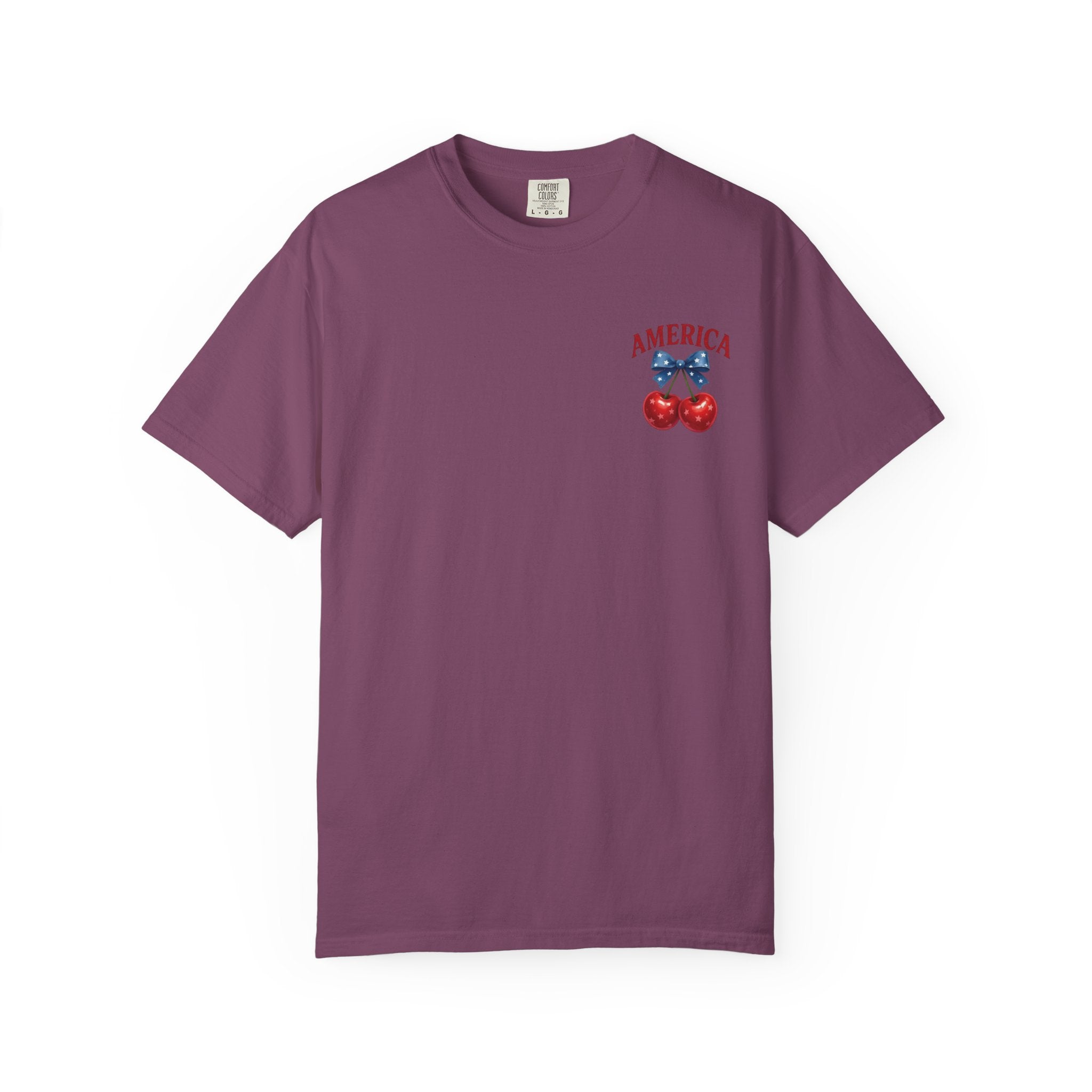 America Cherry Bow T-shirt | Patriotic Stars & Stripes Cherry Design
