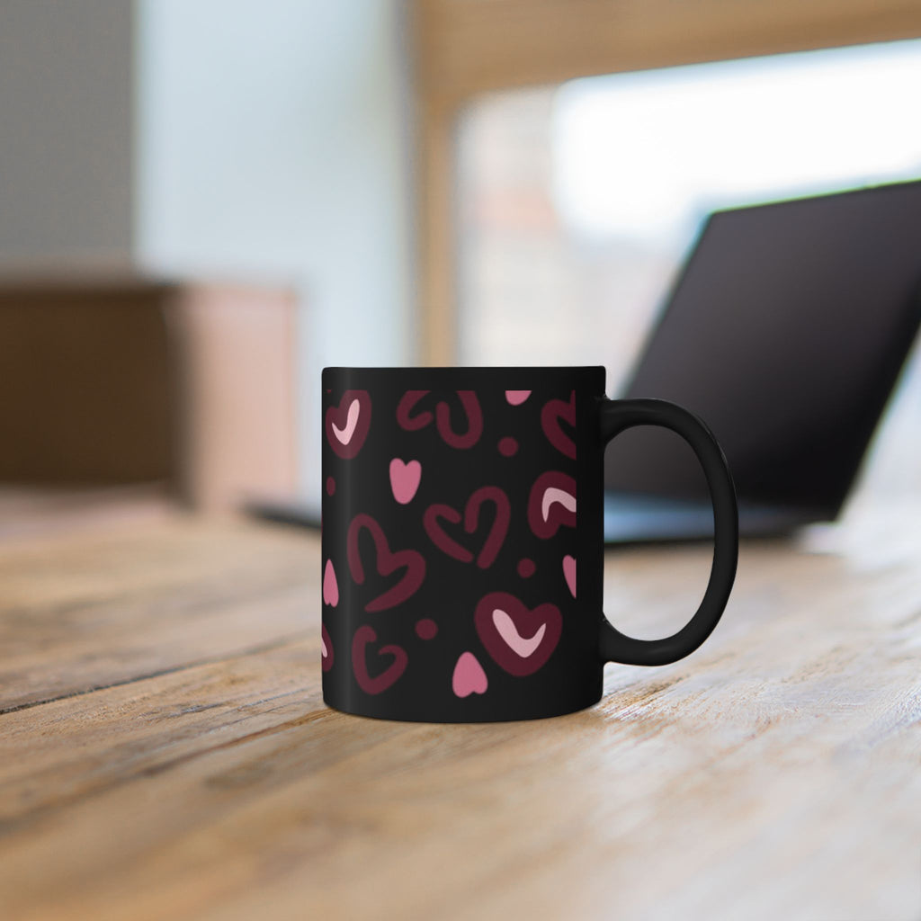 Hand-Drawn Pink Hearts Black Mug | Ceramic Heart Pattern Coffee Mug