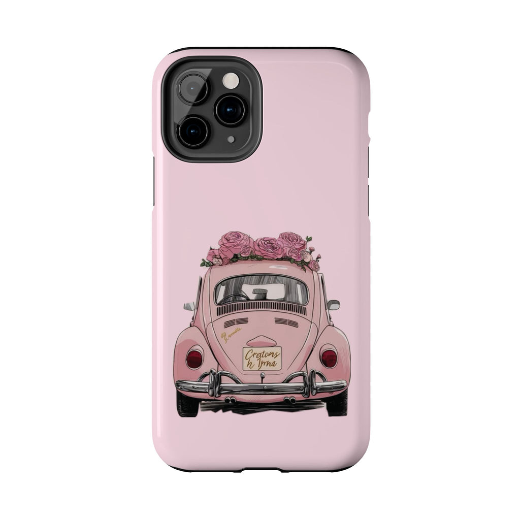 Vintage Pink Beetle with Roses Phone Case | Floral Car Tough Phone Case