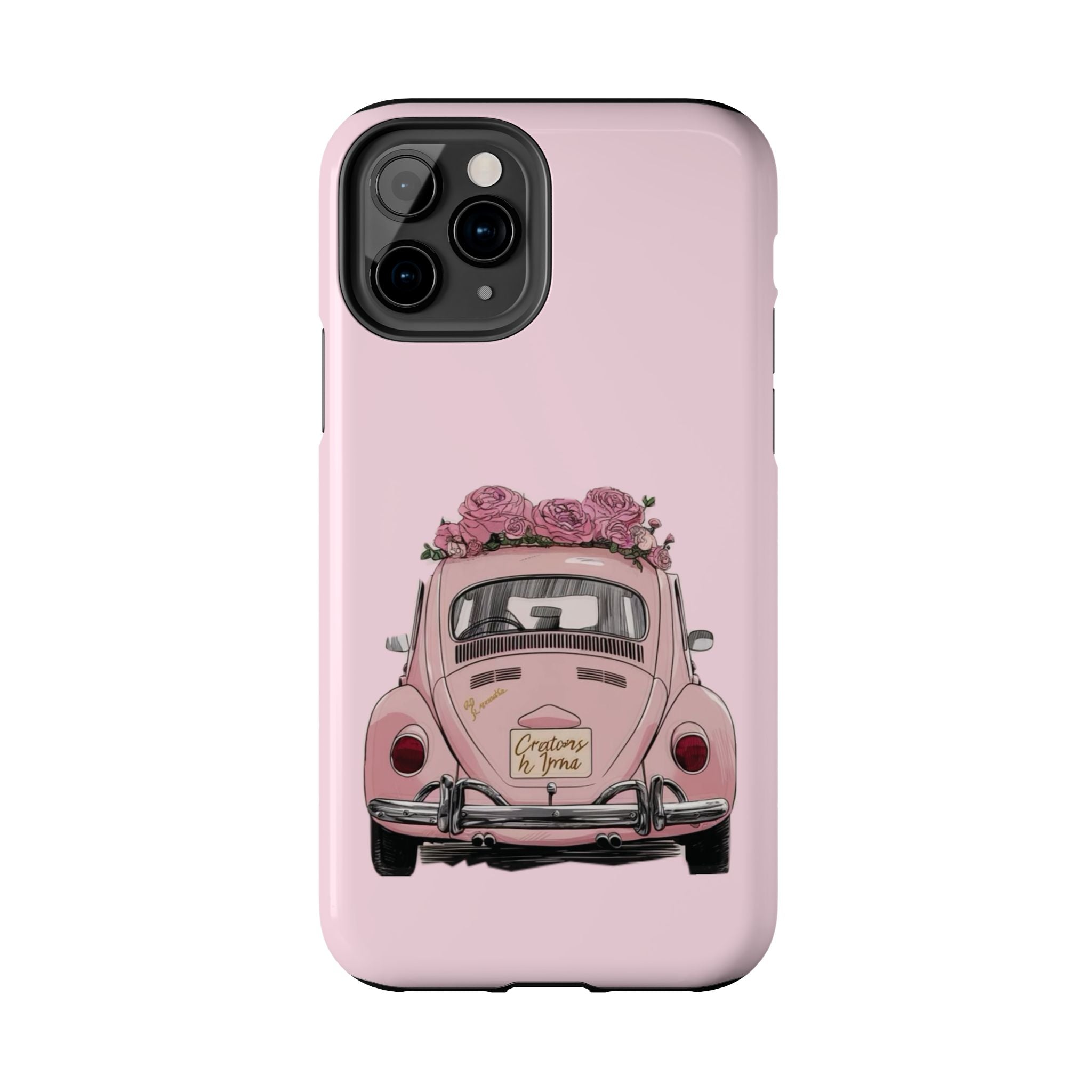 Vintage Pink Beetle with Roses Phone Case | Floral Car Tough Phone Case