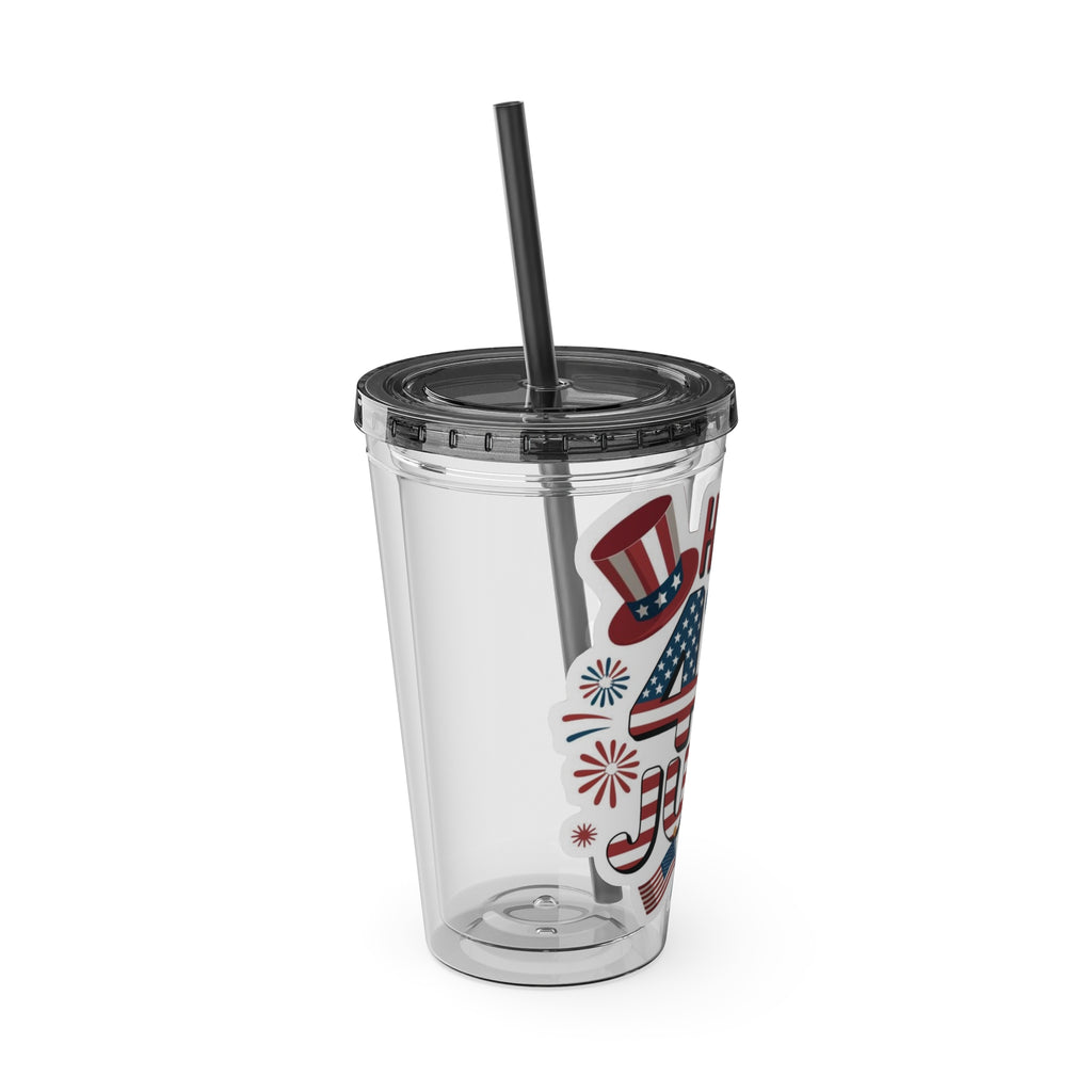 Happy 4th of July Tumbler | 16oz Straw Cup, Patriotic Fireworks Flag Design
