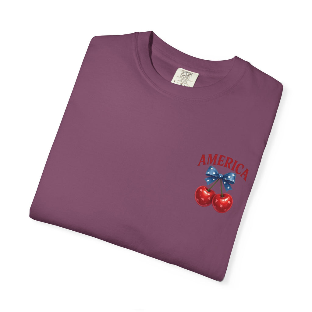 America Cherry Bow T-shirt | Patriotic Stars & Stripes Cherry Design