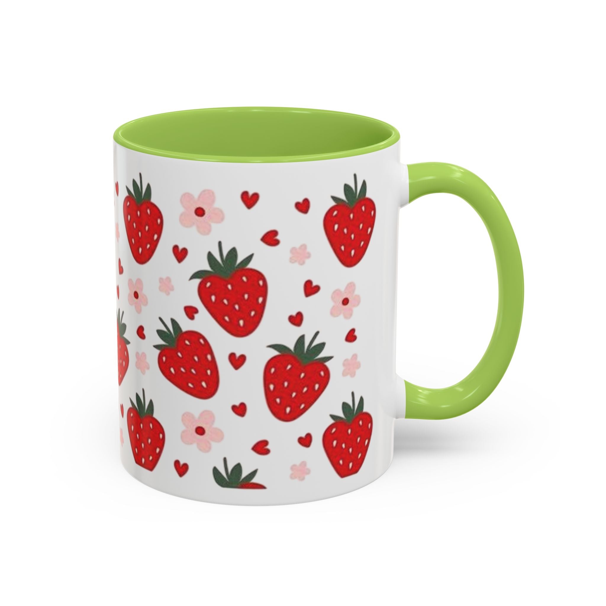 Strawberry Pattern Accent Coffee Mug — Cute Red Berries & Hearts 11/15oz