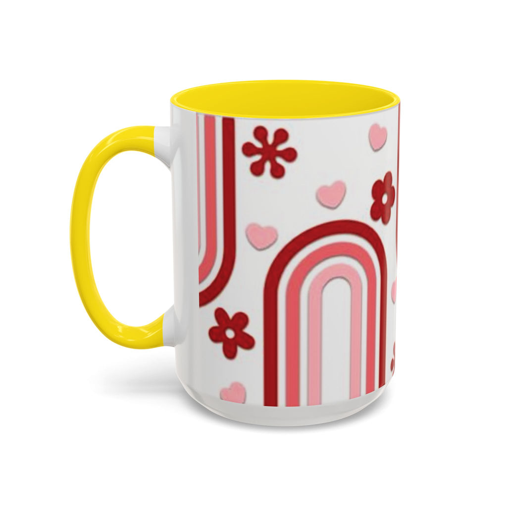 Retro Pink Rainbow Hearts and Flowers Accent Mug | 11oz or 15oz