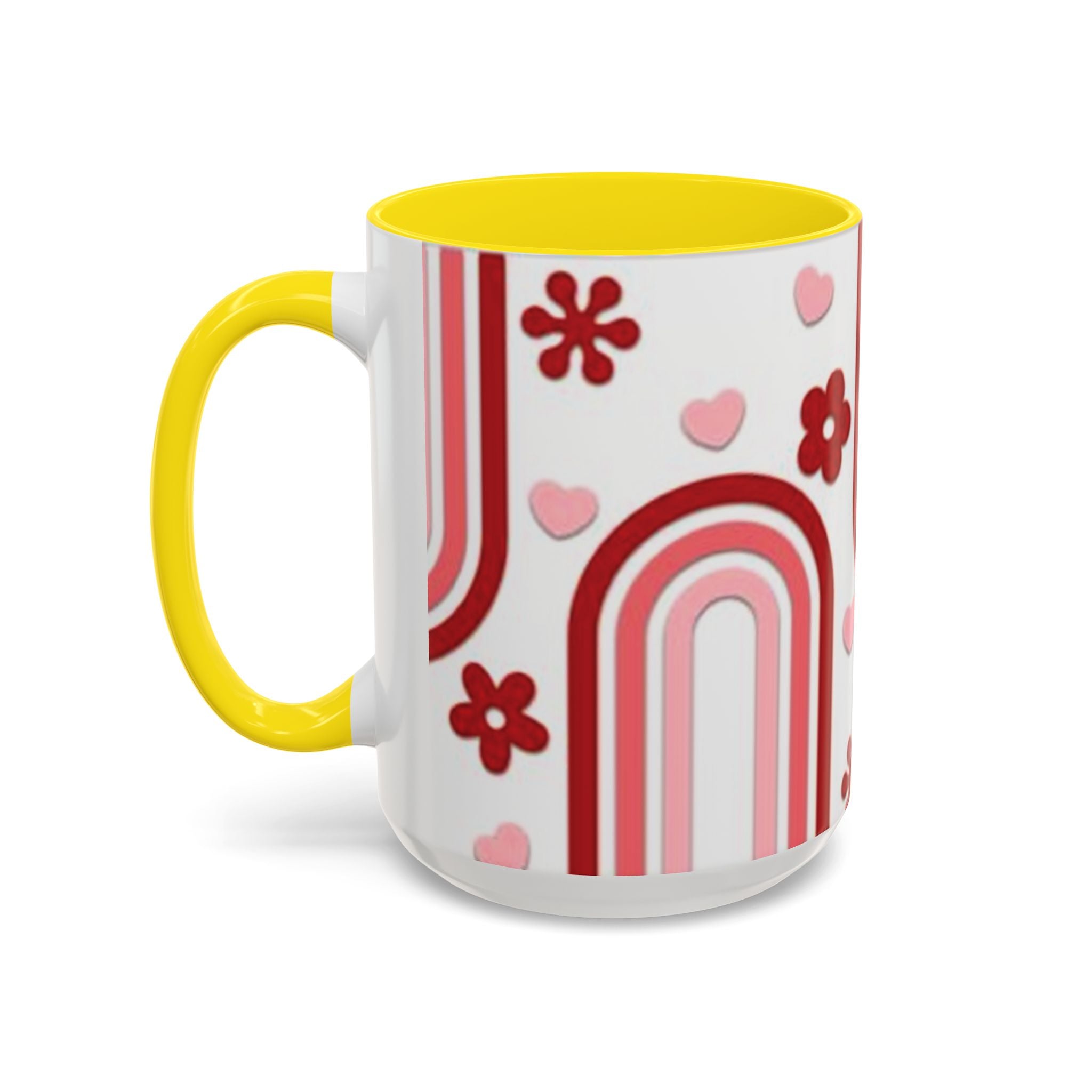 Retro Pink Rainbow Hearts and Flowers Accent Mug | 11oz or 15oz