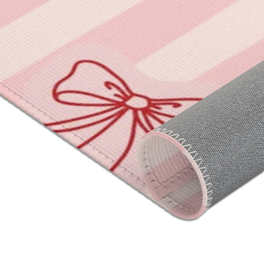 Cherry Bow Area Rug — Pink Striped Cute Kitchen or Nursery Accent Rug