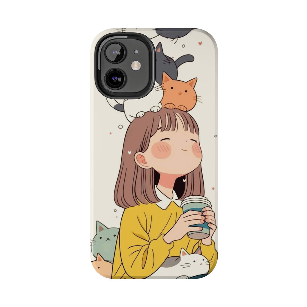 Girl with Cats Phone Case | Cute Cat Stack Illustration