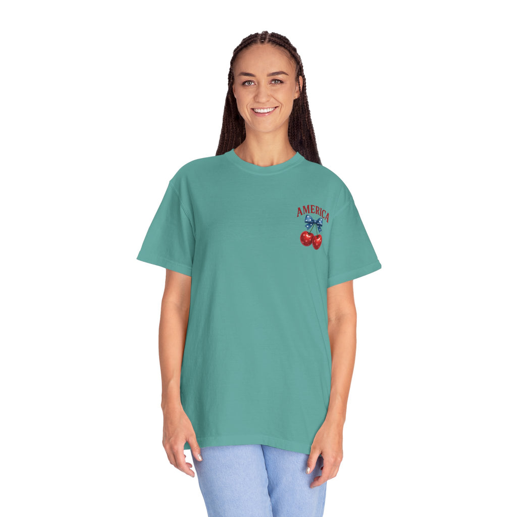 America Cherry Bow T-shirt | Patriotic Stars & Stripes Cherry Design