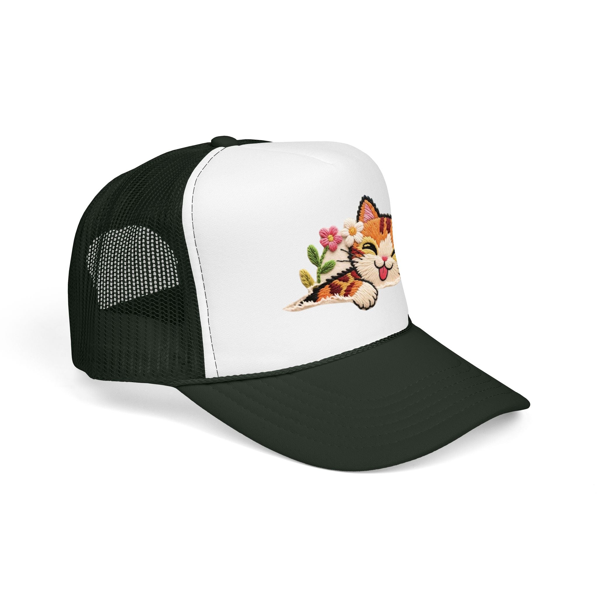 Trucker Hat — Cute Sleeping Calico Cat with Flowers Foam Mesh Cap