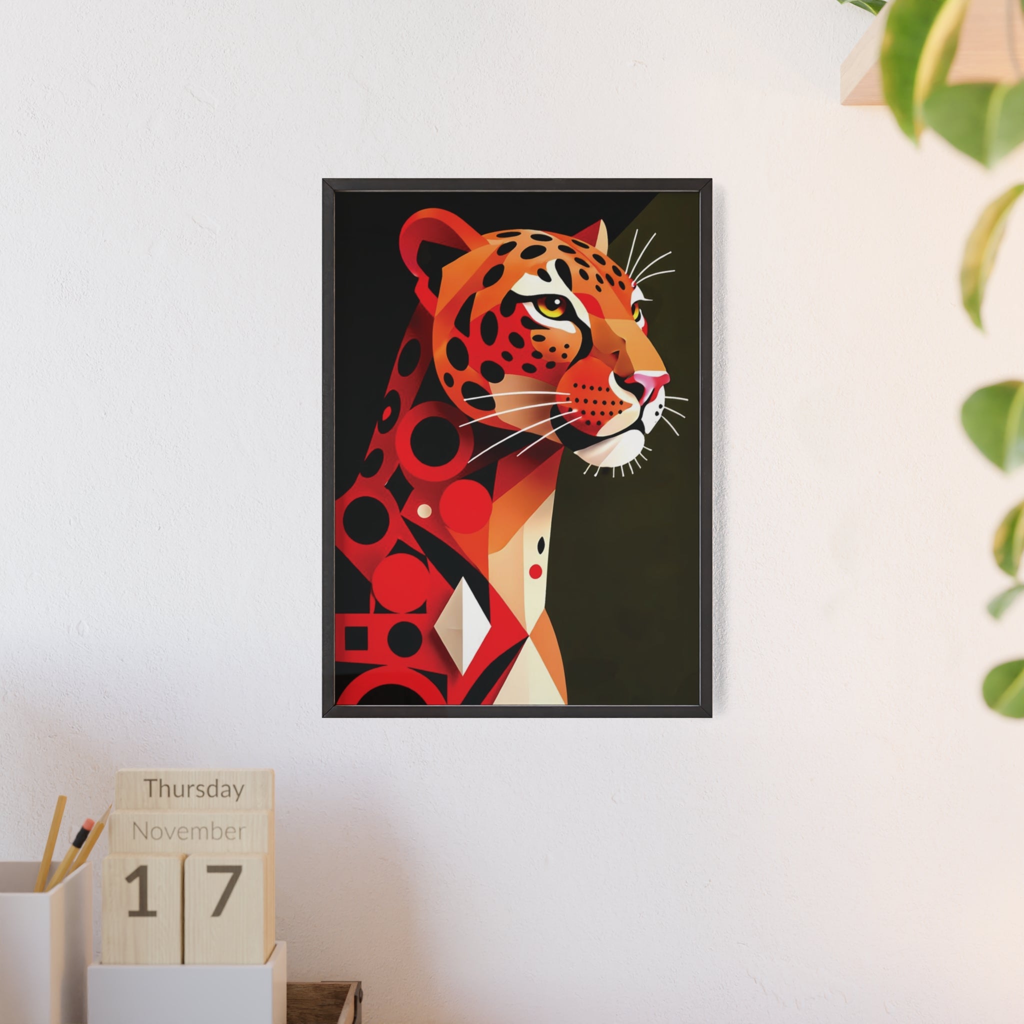 Geometric Leopard Art Poster with Wooden Frame — Bold Wildlife Wall Decor