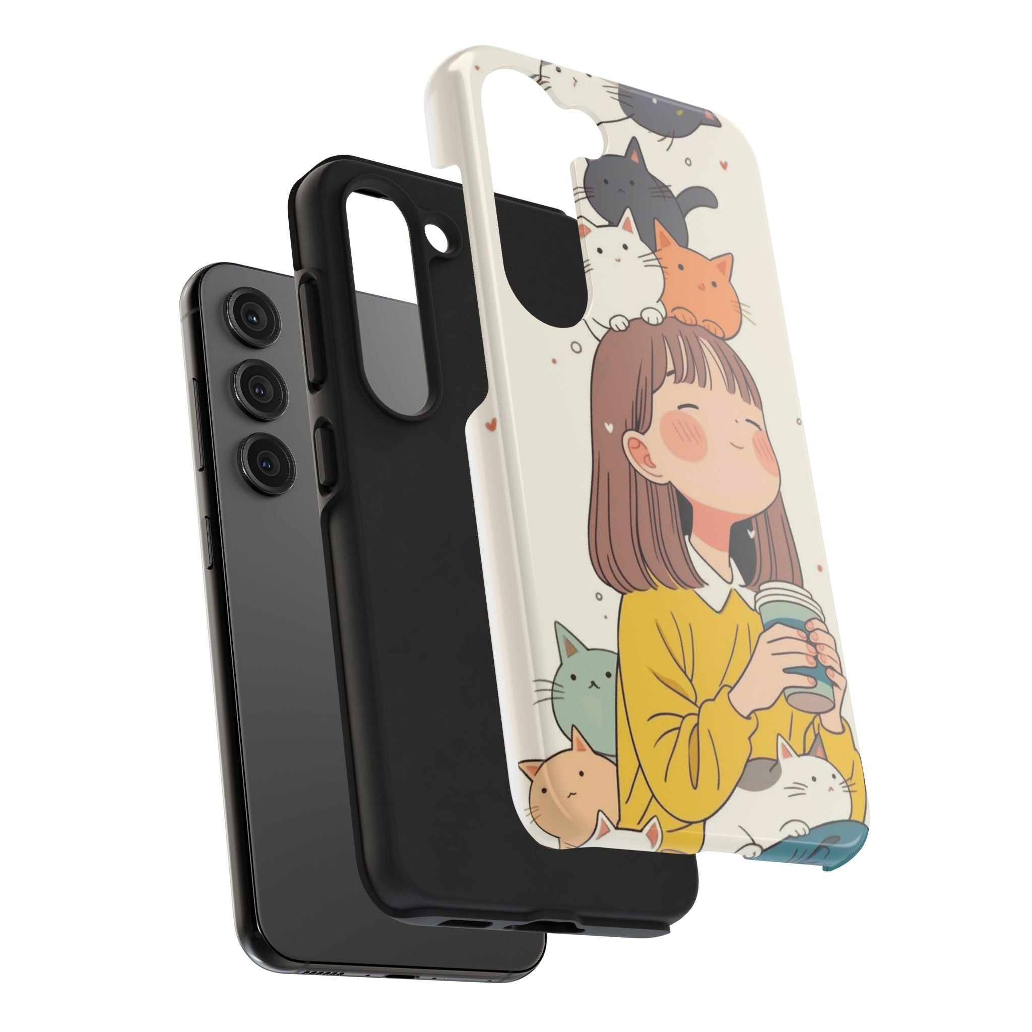 Girl with Cats Phone Case | Cute Cat Stack Illustration