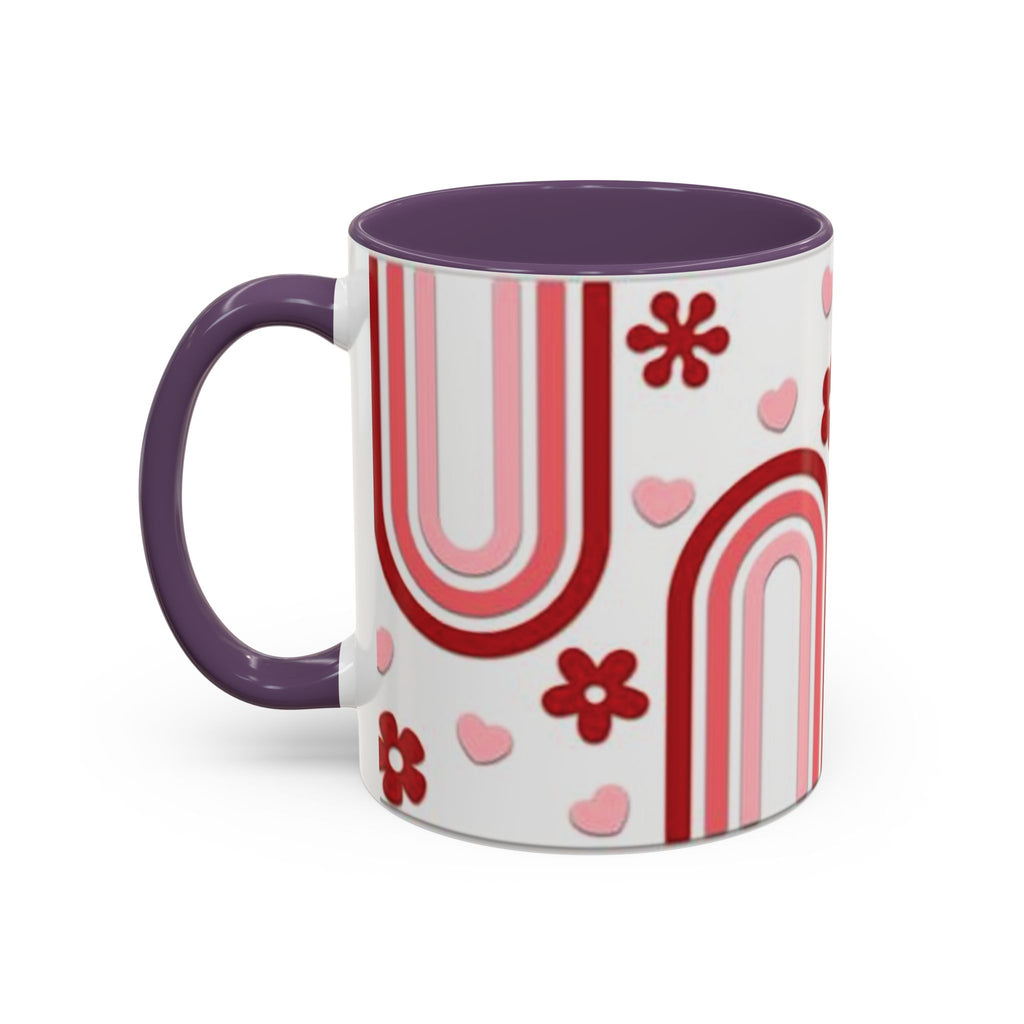 Retro Pink Rainbow Hearts and Flowers Accent Mug | 11oz or 15oz