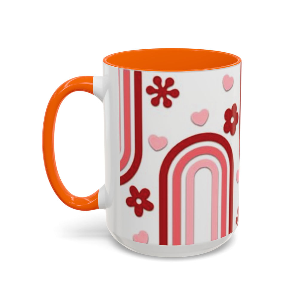 Retro Pink Rainbow Hearts and Flowers Accent Mug | 11oz or 15oz