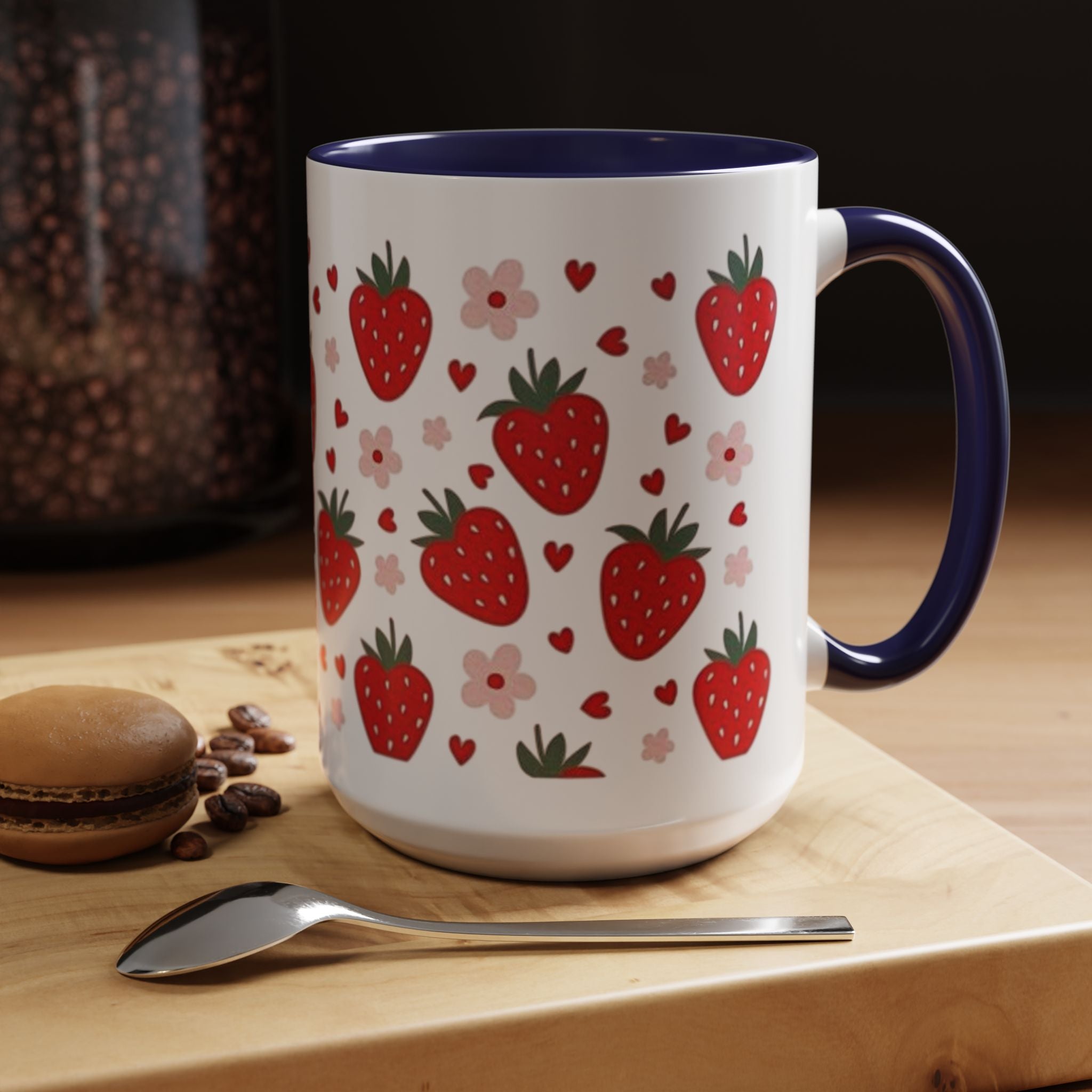 Strawberry Pattern Accent Coffee Mug — Cute Red Berries & Hearts 11/15oz