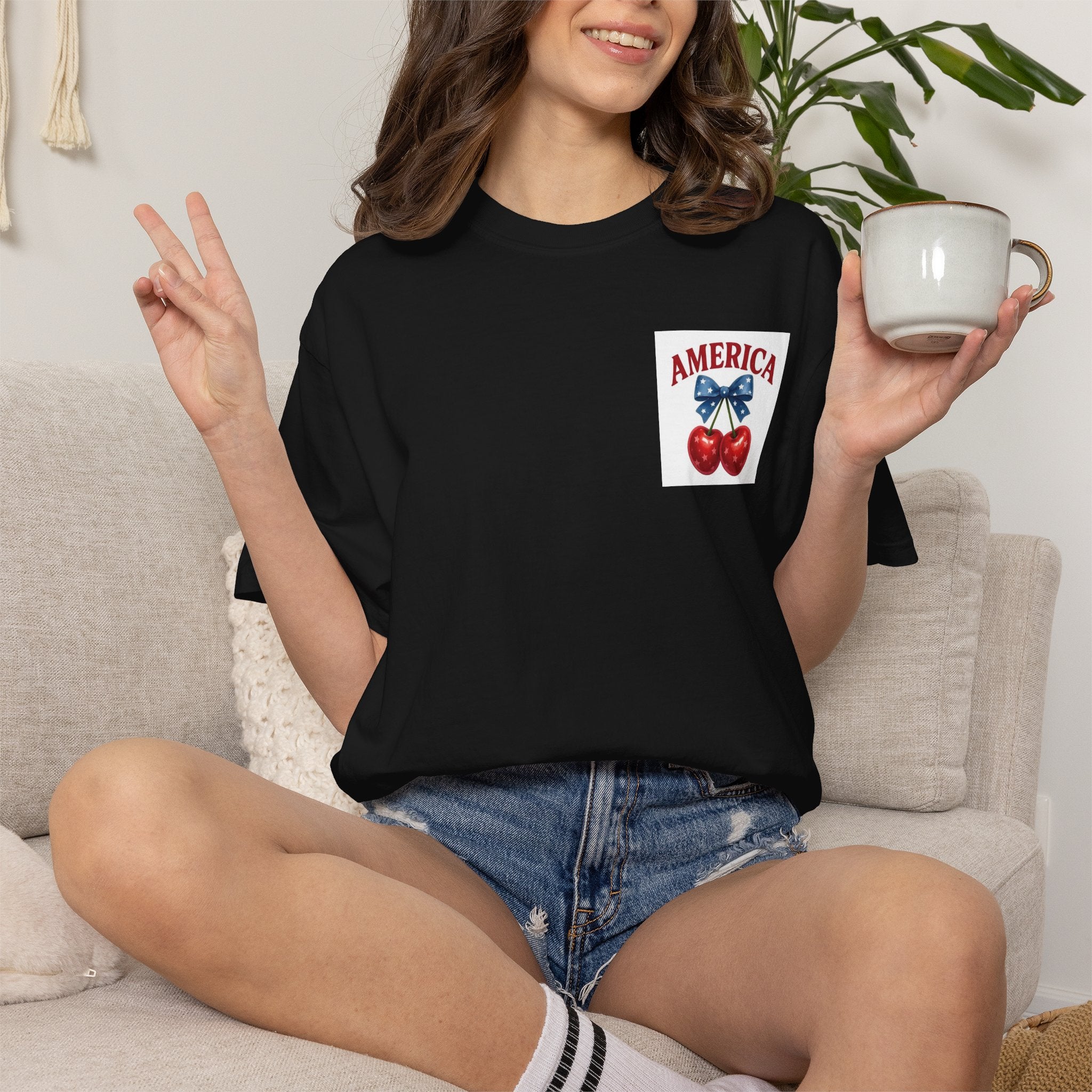 America Cherry Bow T-shirt | Patriotic Stars & Stripes Cherry Design