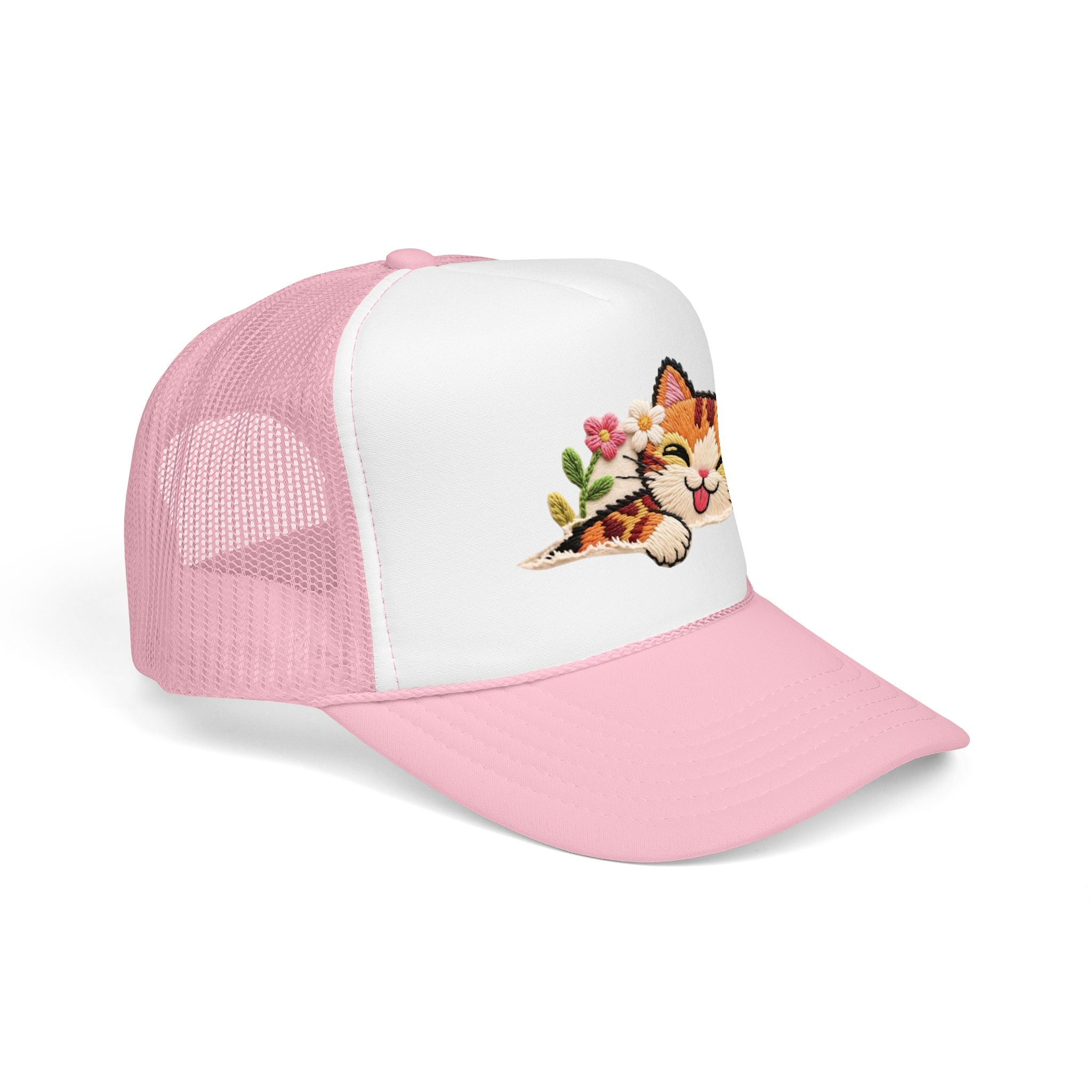 Trucker Hat — Cute Sleeping Calico Cat with Flowers Foam Mesh Cap