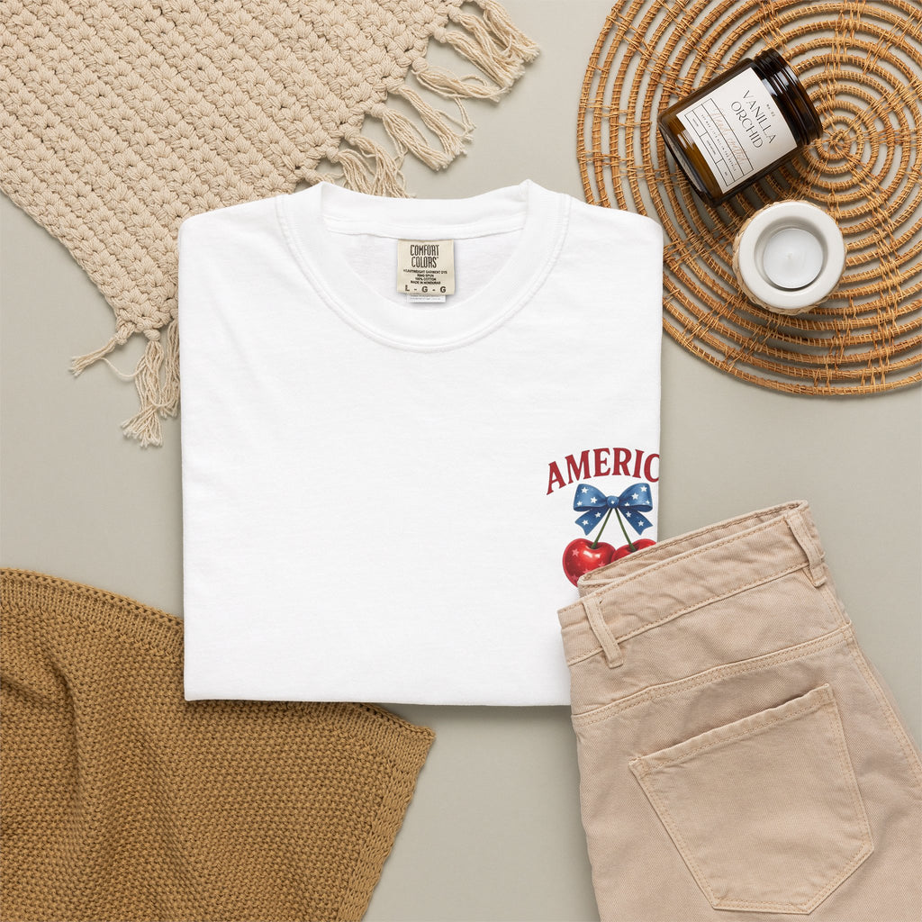 America Cherry Bow T-shirt | Patriotic Stars & Stripes Cherry Design