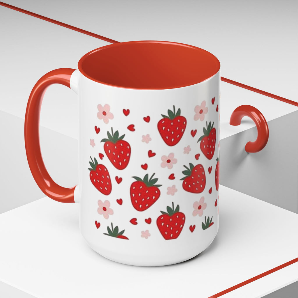 Strawberry Pattern Accent Coffee Mug — Cute Red Berries & Hearts 11/15oz