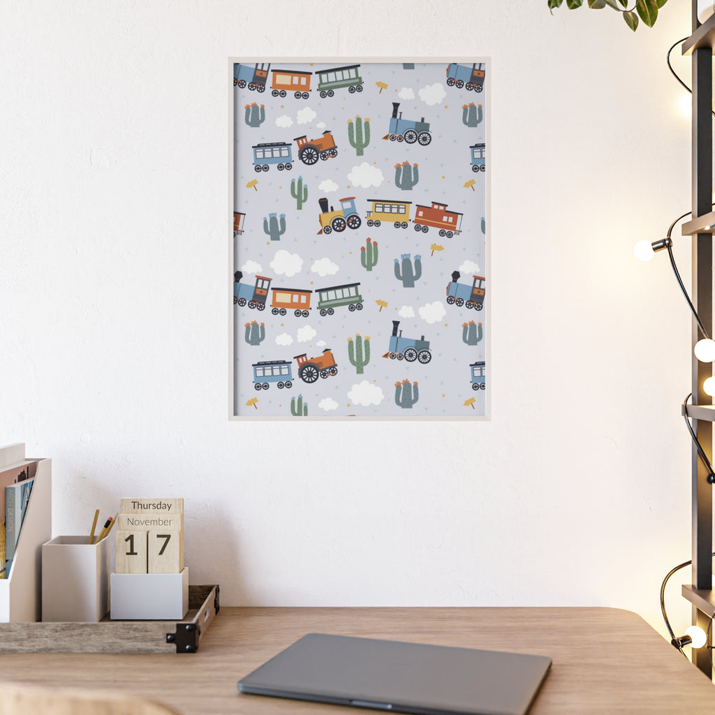 Kids' Train Poster with Wooden Frame — Nursery Wall Art, Playroom Decor