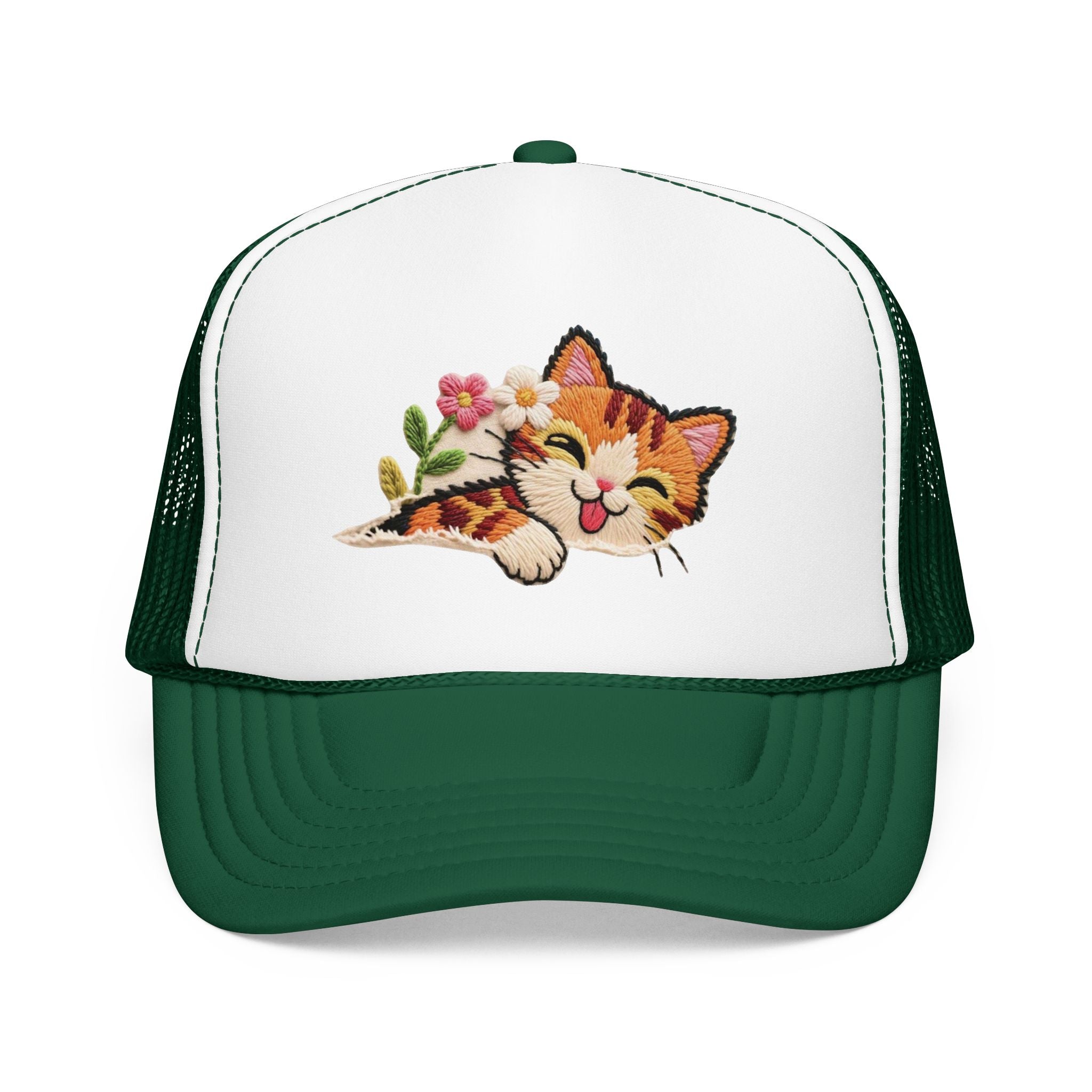 Trucker Hat — Cute Sleeping Calico Cat with Flowers Foam Mesh Cap