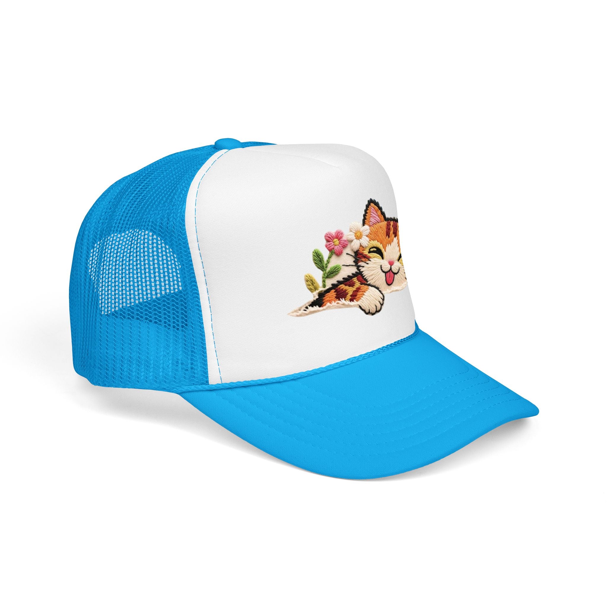 Trucker Hat — Cute Sleeping Calico Cat with Flowers Foam Mesh Cap