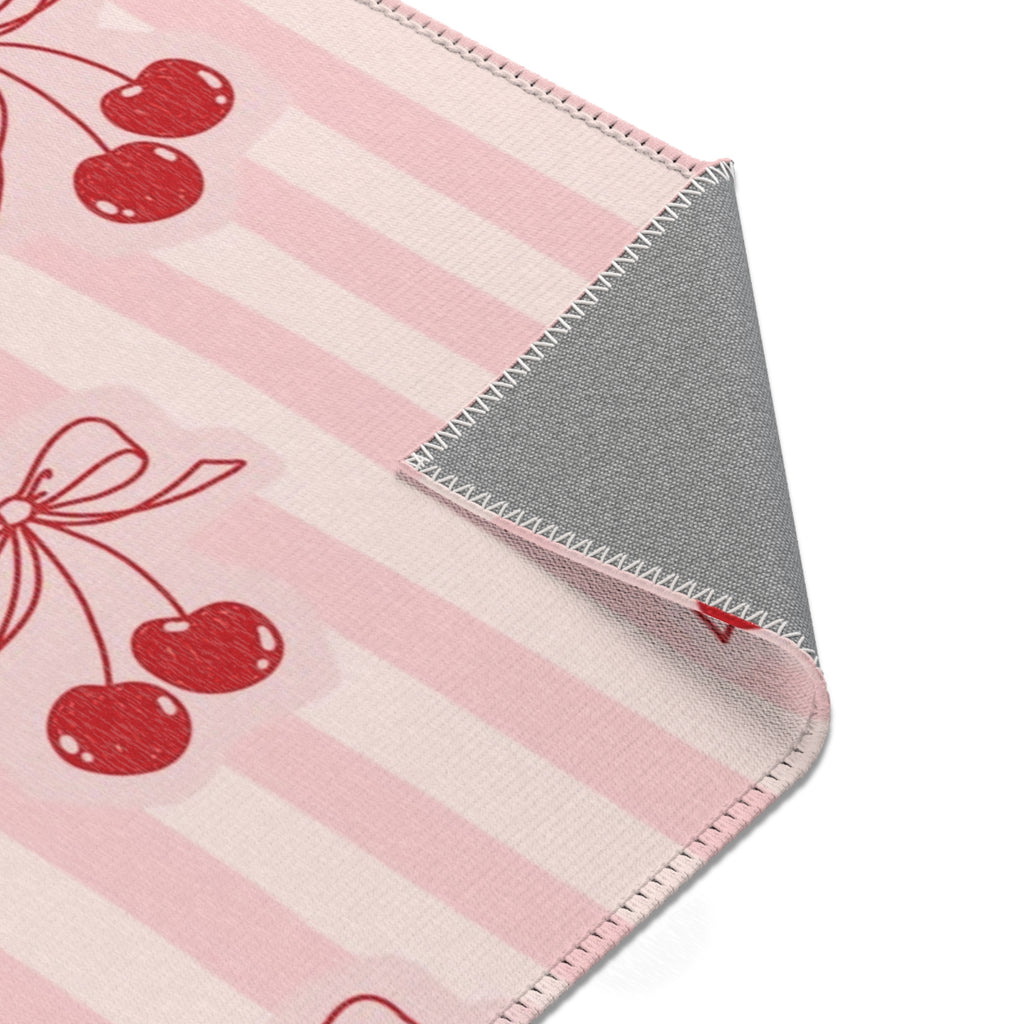 Cherry Bow Area Rug — Pink Striped Cute Kitchen or Nursery Accent Rug