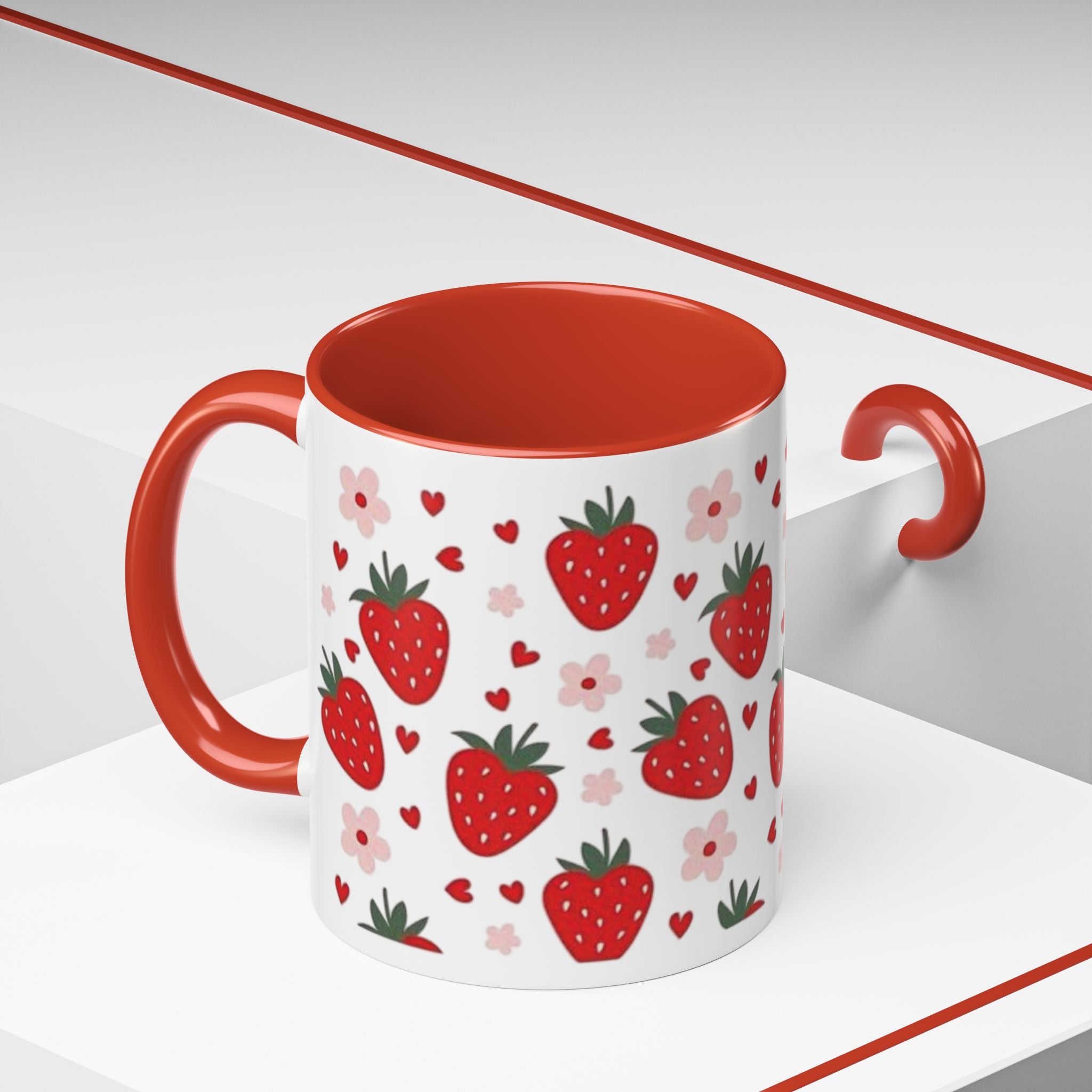 Strawberry Pattern Accent Coffee Mug — Cute Red Berries & Hearts 11/15oz