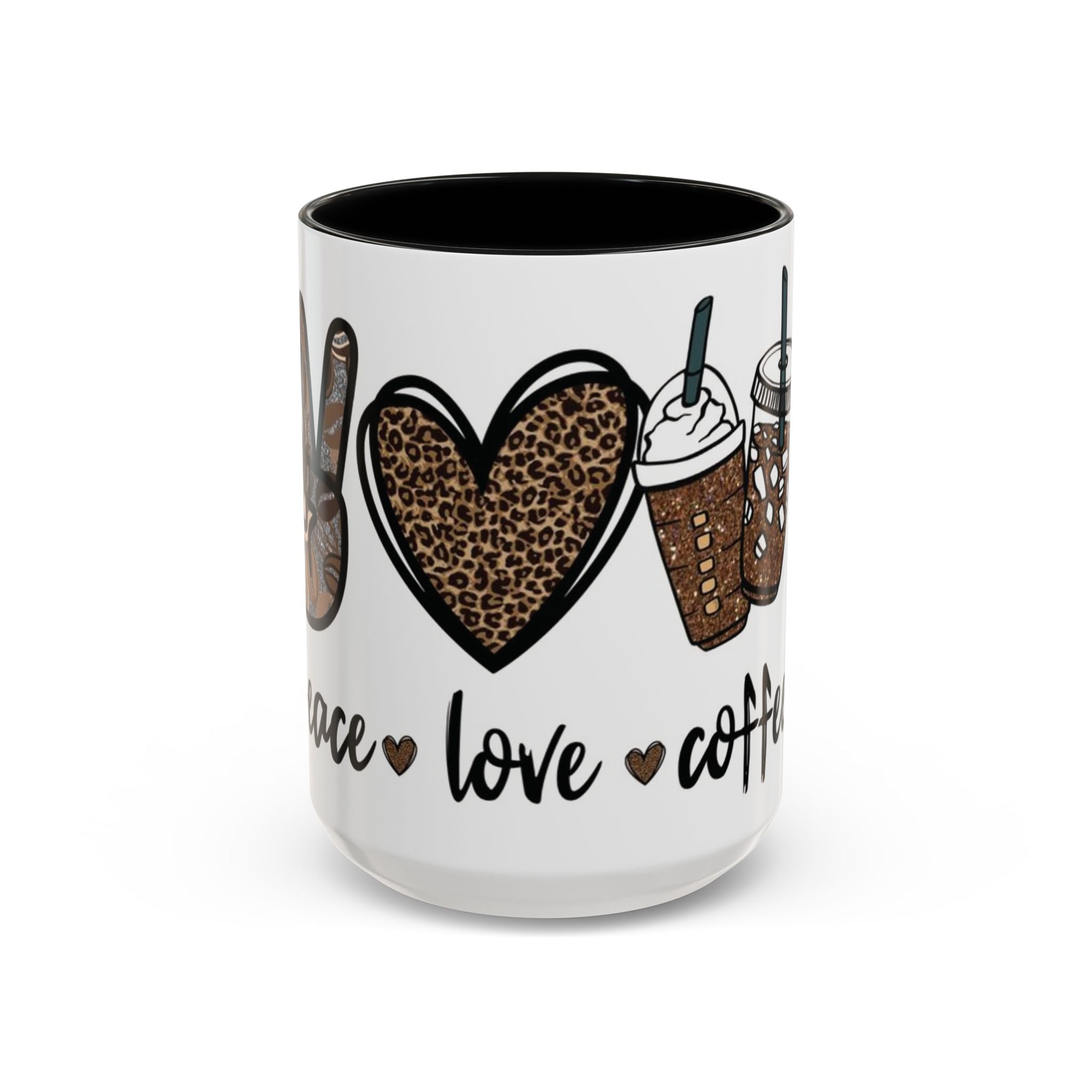 Coffee Love Accent Mug — Leopard Print Peace, Heart & Coffee Design (11/15oz)