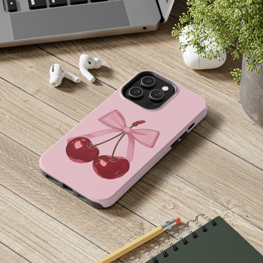 Pink Cherry Tough Phone Case — Cute Bow Cherry Protective Phone Cover