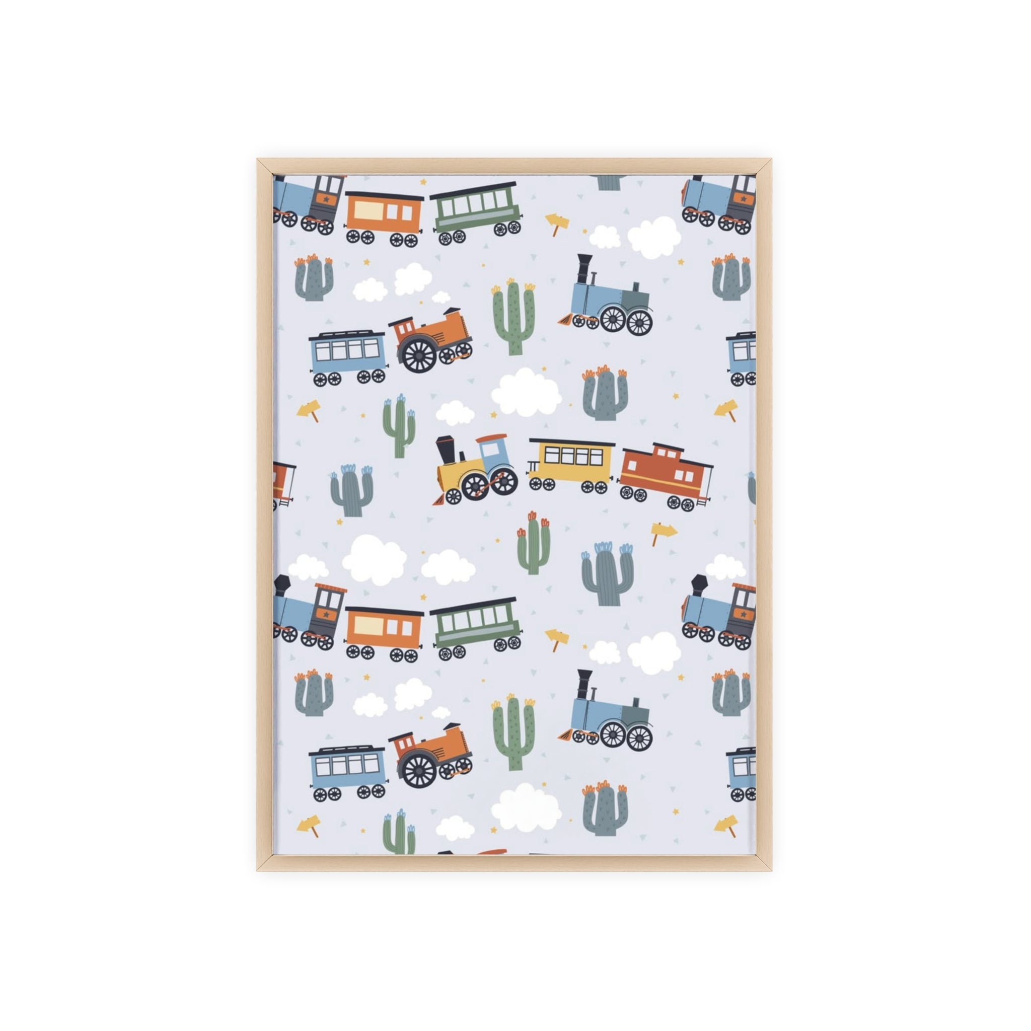 Kids' Train Poster with Wooden Frame — Nursery Wall Art, Playroom Decor