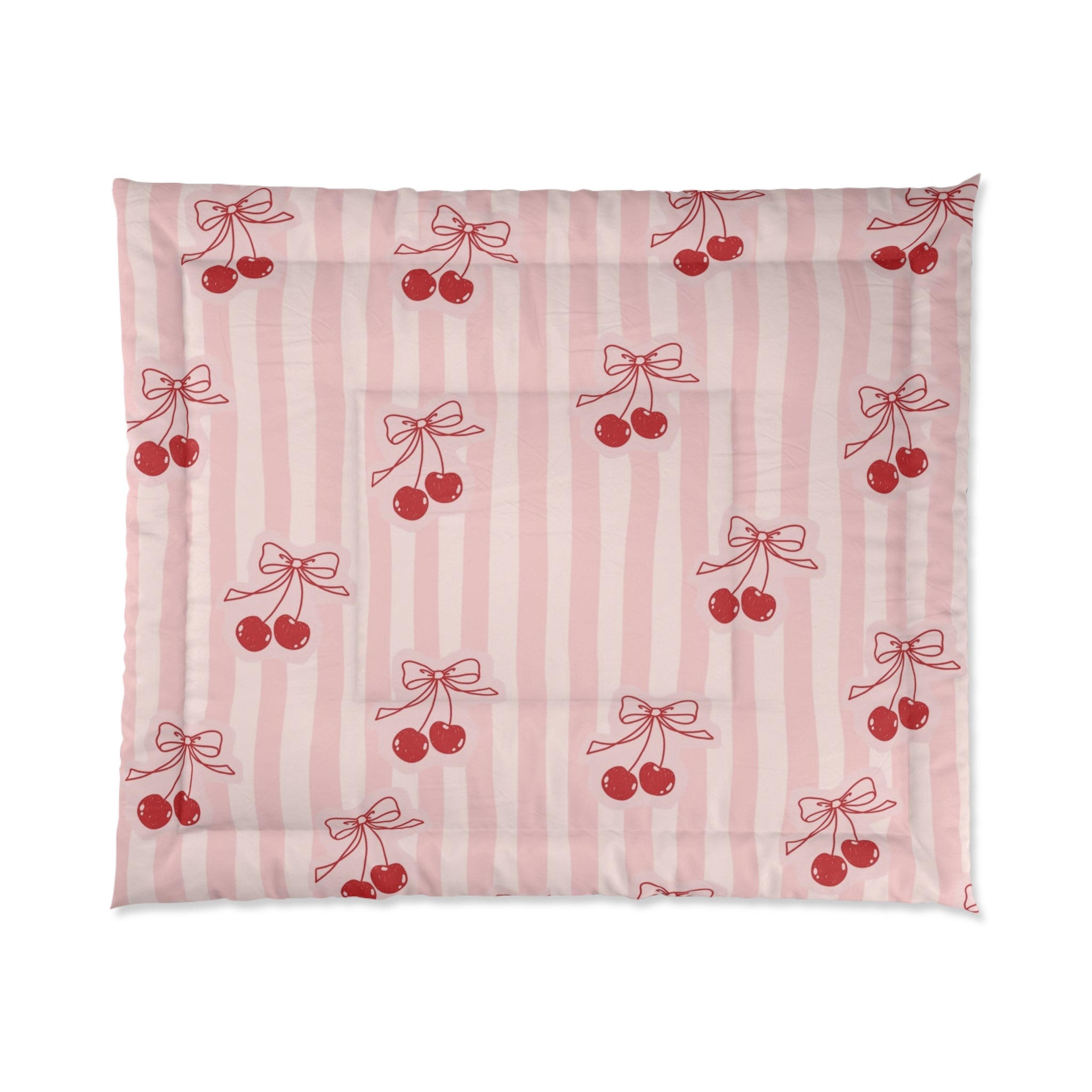 Cherry Bow Comforter - Pink Striped Cherry Print Bedding for Girls & Teens