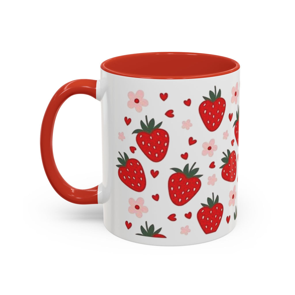 Strawberry Pattern Accent Coffee Mug — Cute Red Berries & Hearts 11/15oz