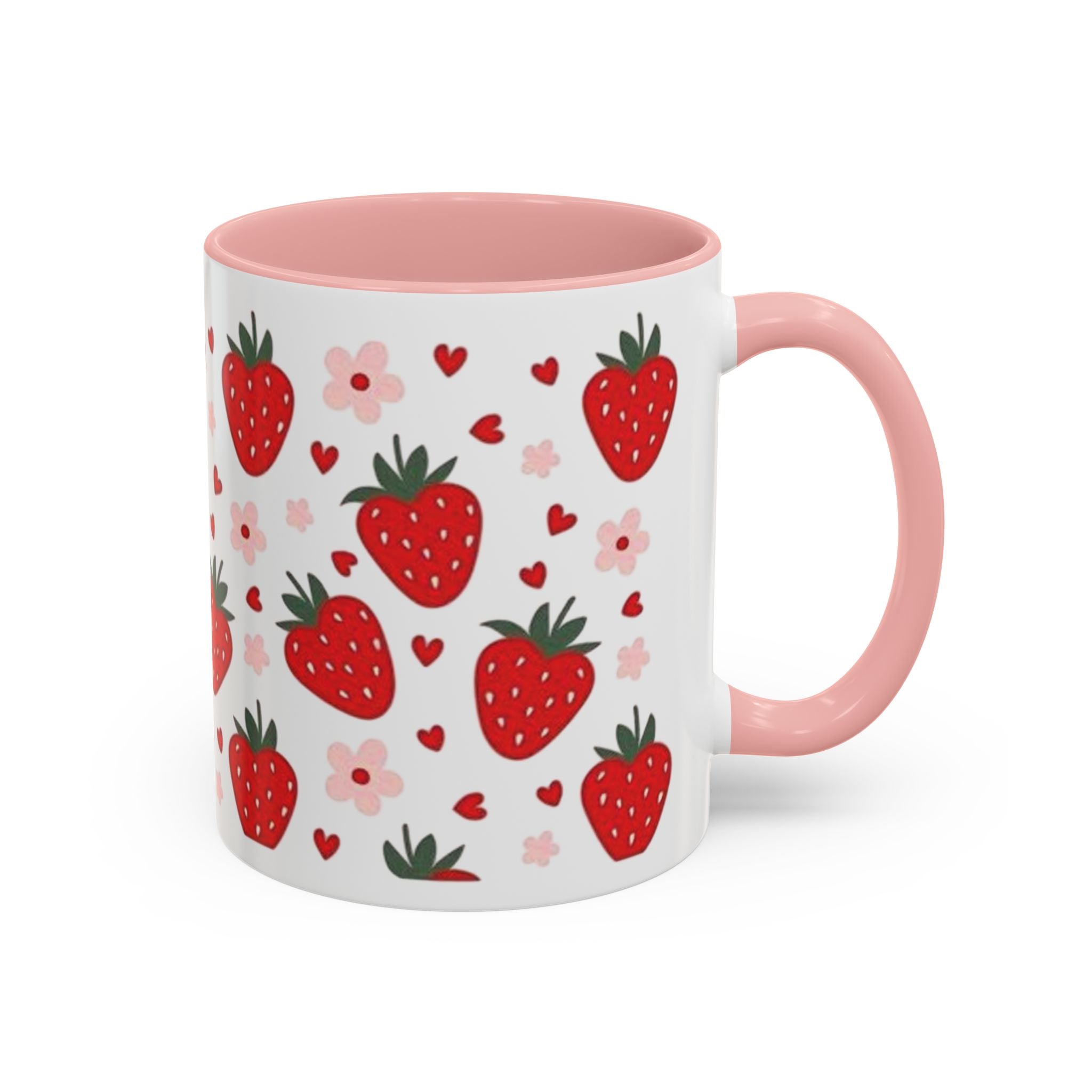 Strawberry Pattern Accent Coffee Mug — Cute Red Berries & Hearts 11/15oz