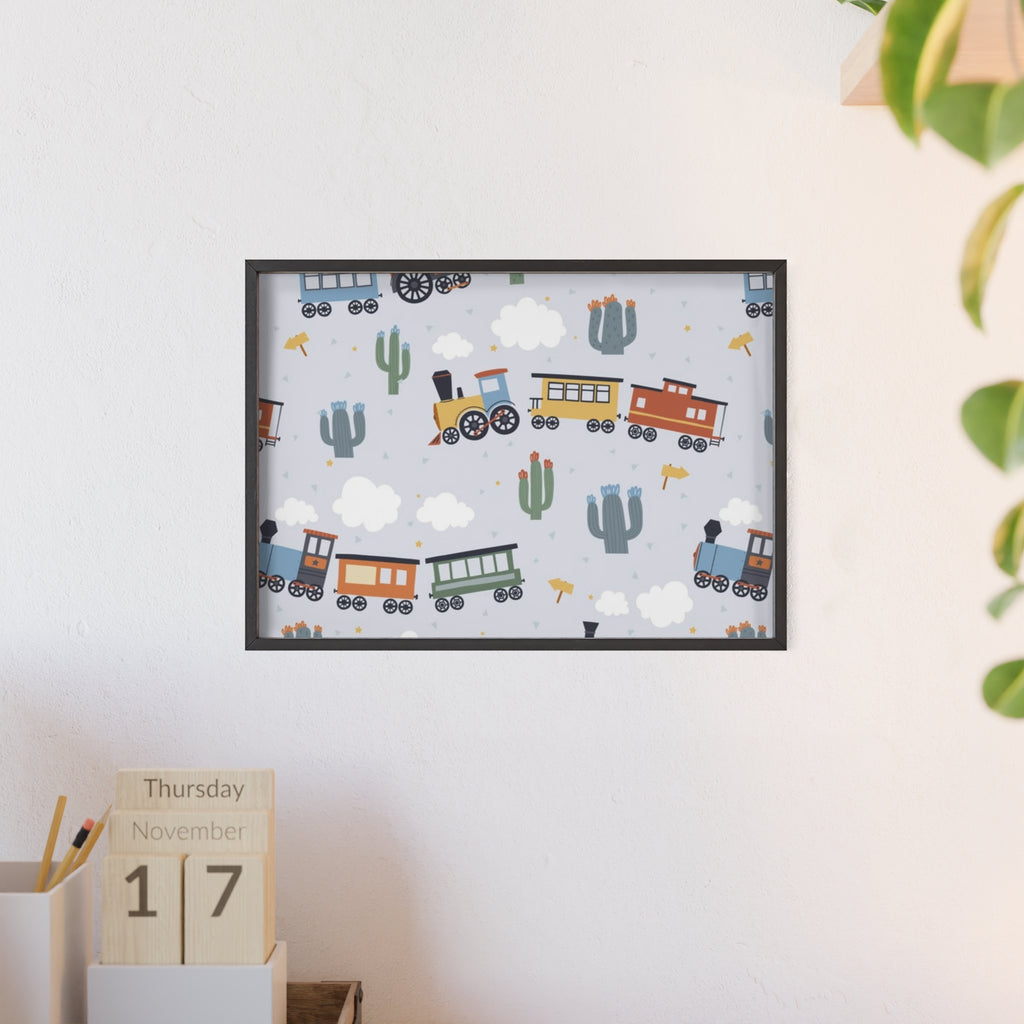 Kids' Train Poster with Wooden Frame — Nursery Wall Art, Playroom Decor