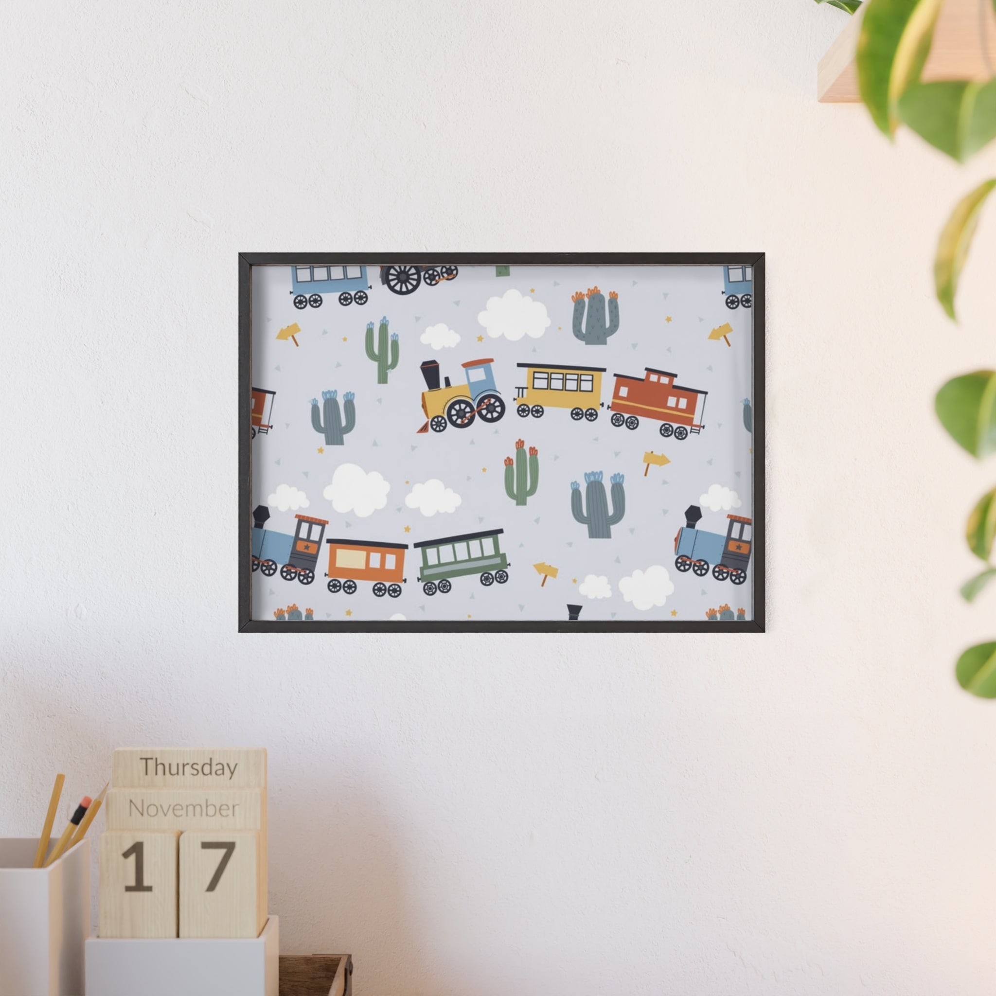 Kids' Train Poster with Wooden Frame — Nursery Wall Art, Playroom Decor