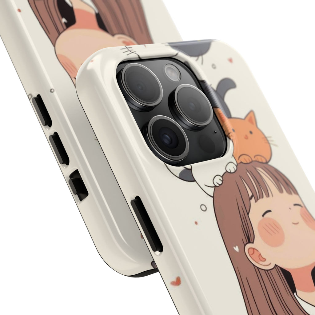 Girl with Cats Phone Case | Cute Cat Stack Illustration