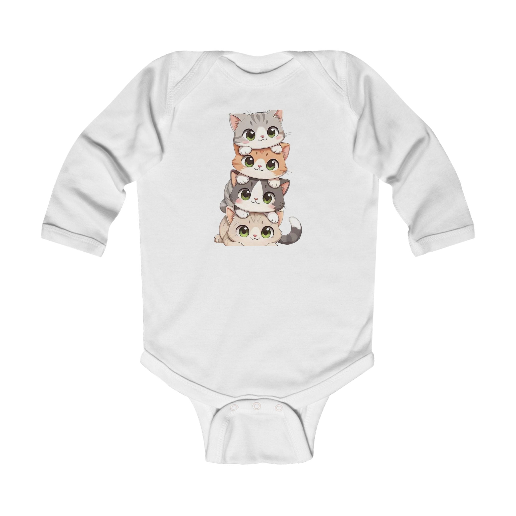 Infant Bodysuit - Cute Stacked Kittens Long Sleeve Baby Onesie (Adorable Paw Print Back Design)