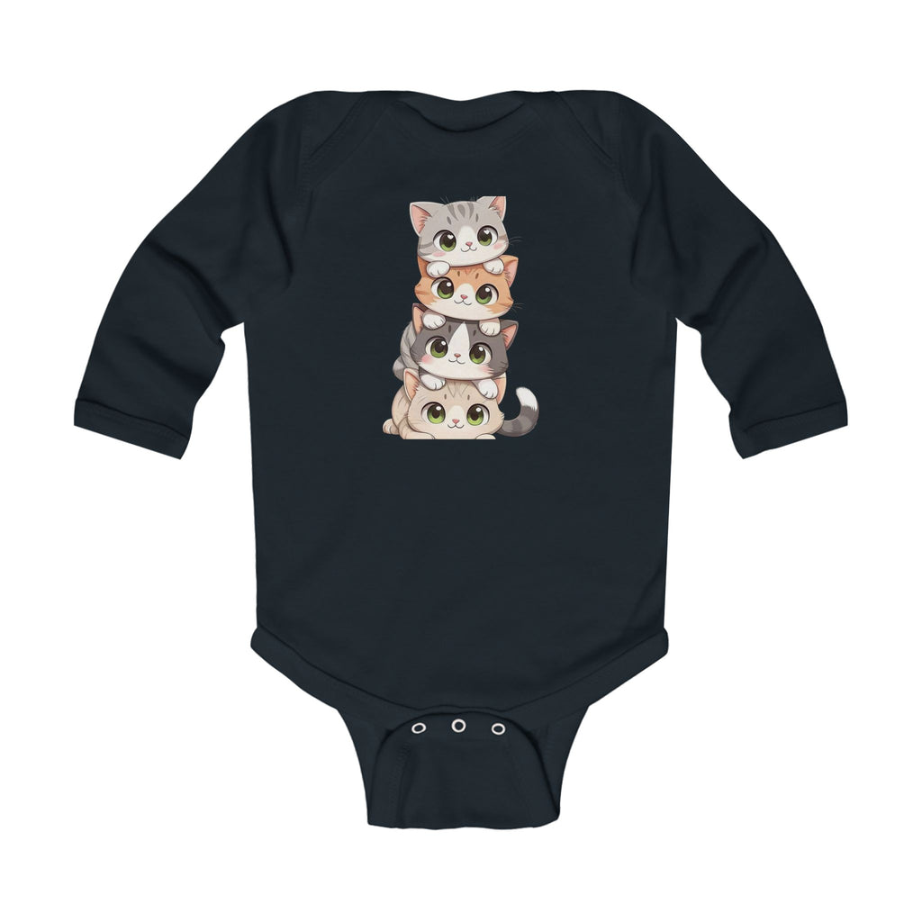 Infant Bodysuit - Cute Stacked Kittens Long Sleeve Baby Onesie (Adorable Paw Print Back Design)