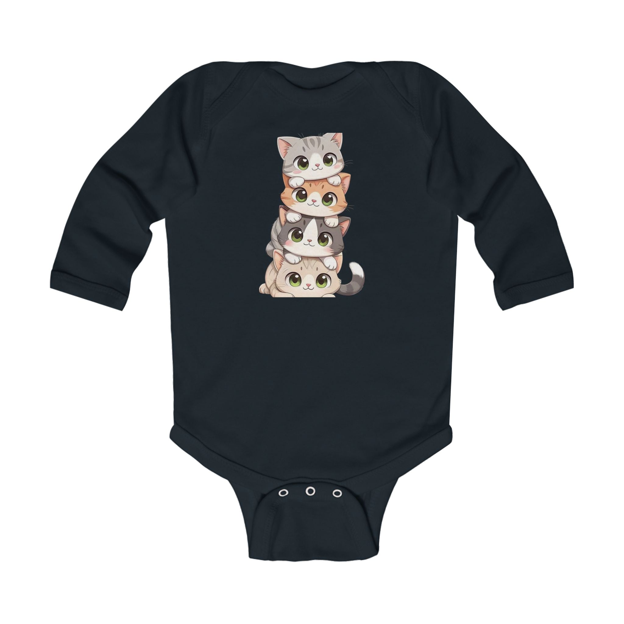 Infant Bodysuit - Cute Stacked Kittens Long Sleeve Baby Onesie (Adorable Paw Print Back Design)