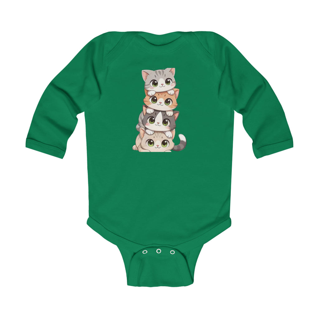 Infant Bodysuit - Cute Stacked Kittens Long Sleeve Baby Onesie (Adorable Paw Print Back Design)