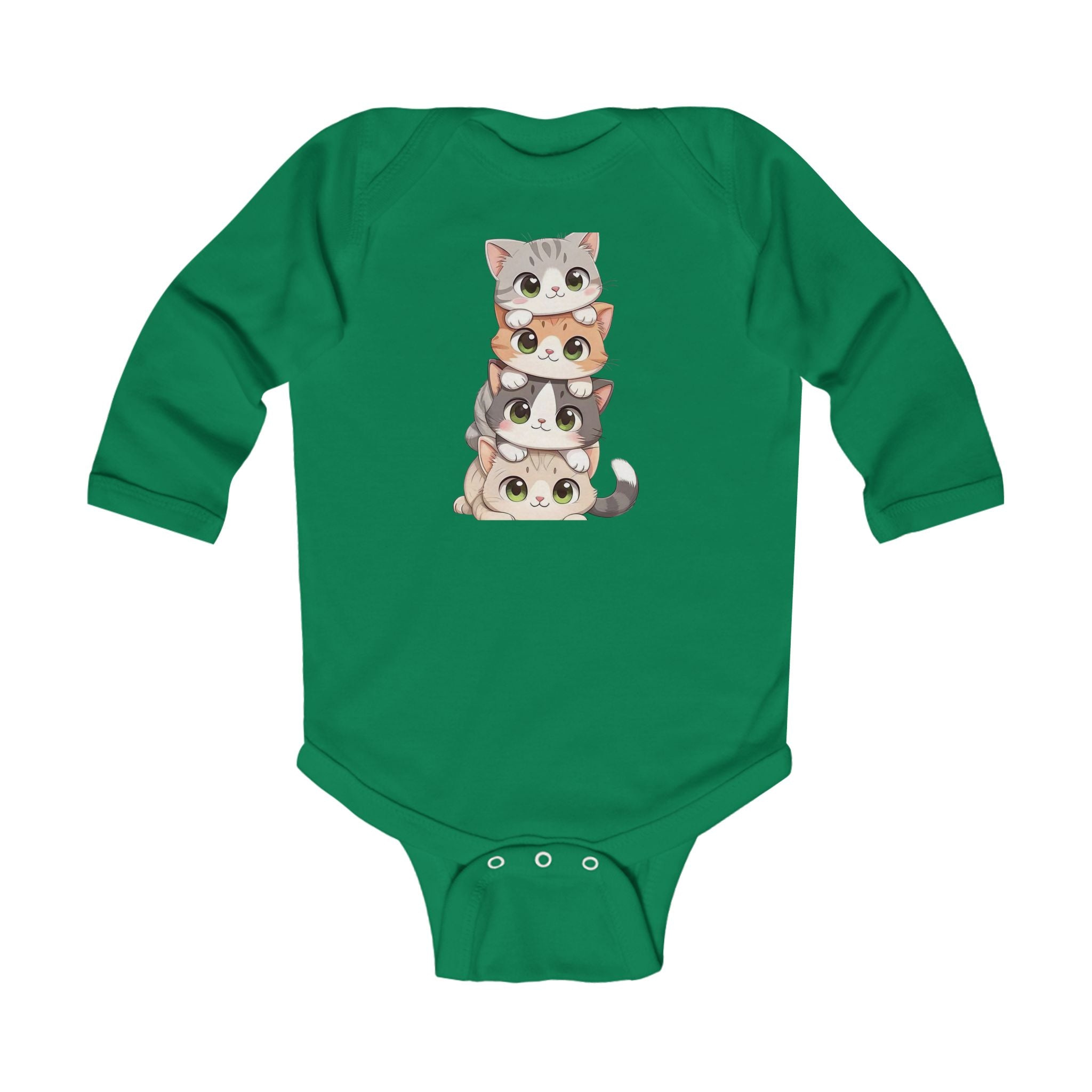 Infant Bodysuit - Cute Stacked Kittens Long Sleeve Baby Onesie (Adorable Paw Print Back Design)