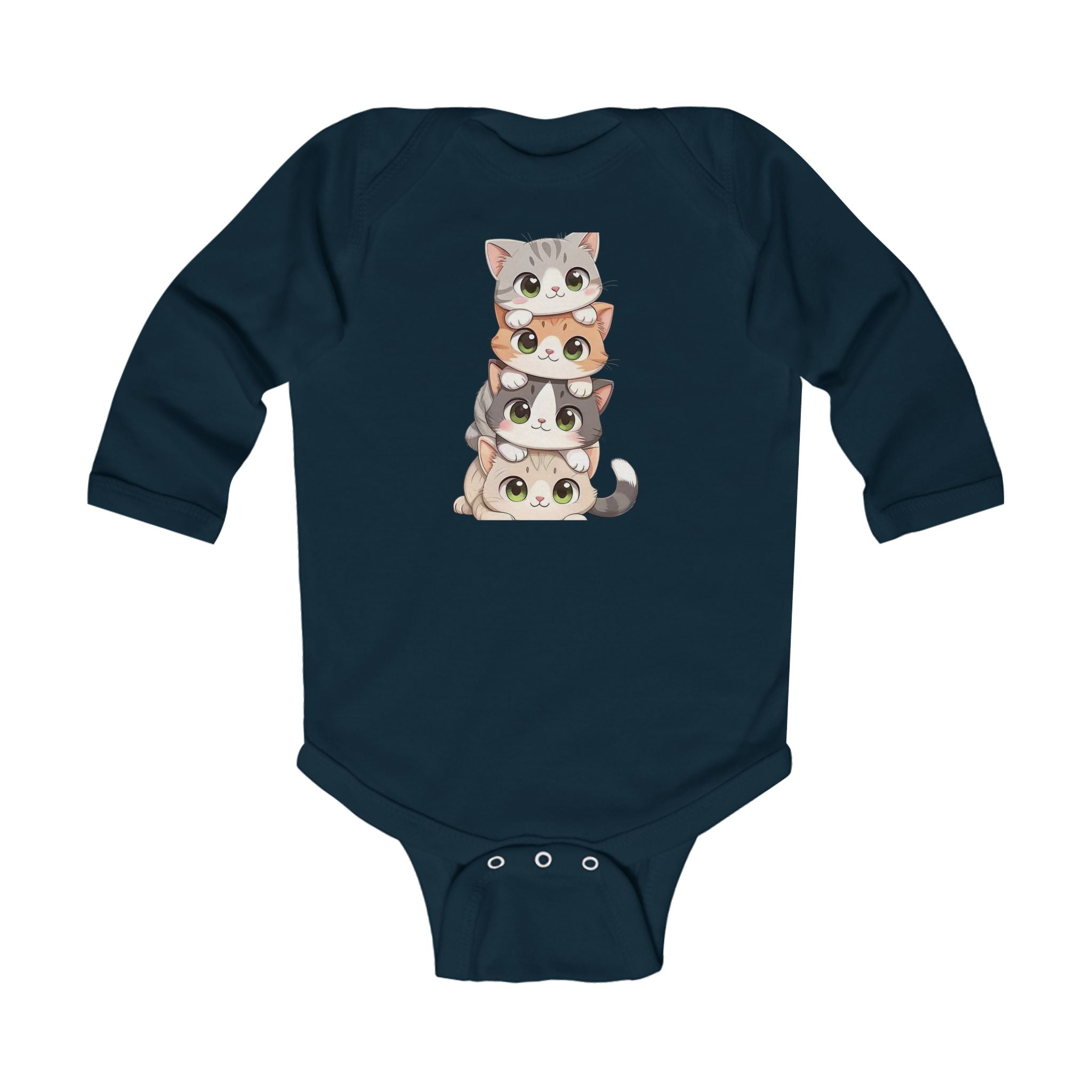 Infant Bodysuit - Cute Stacked Kittens Long Sleeve Baby Onesie (Adorable Paw Print Back Design)