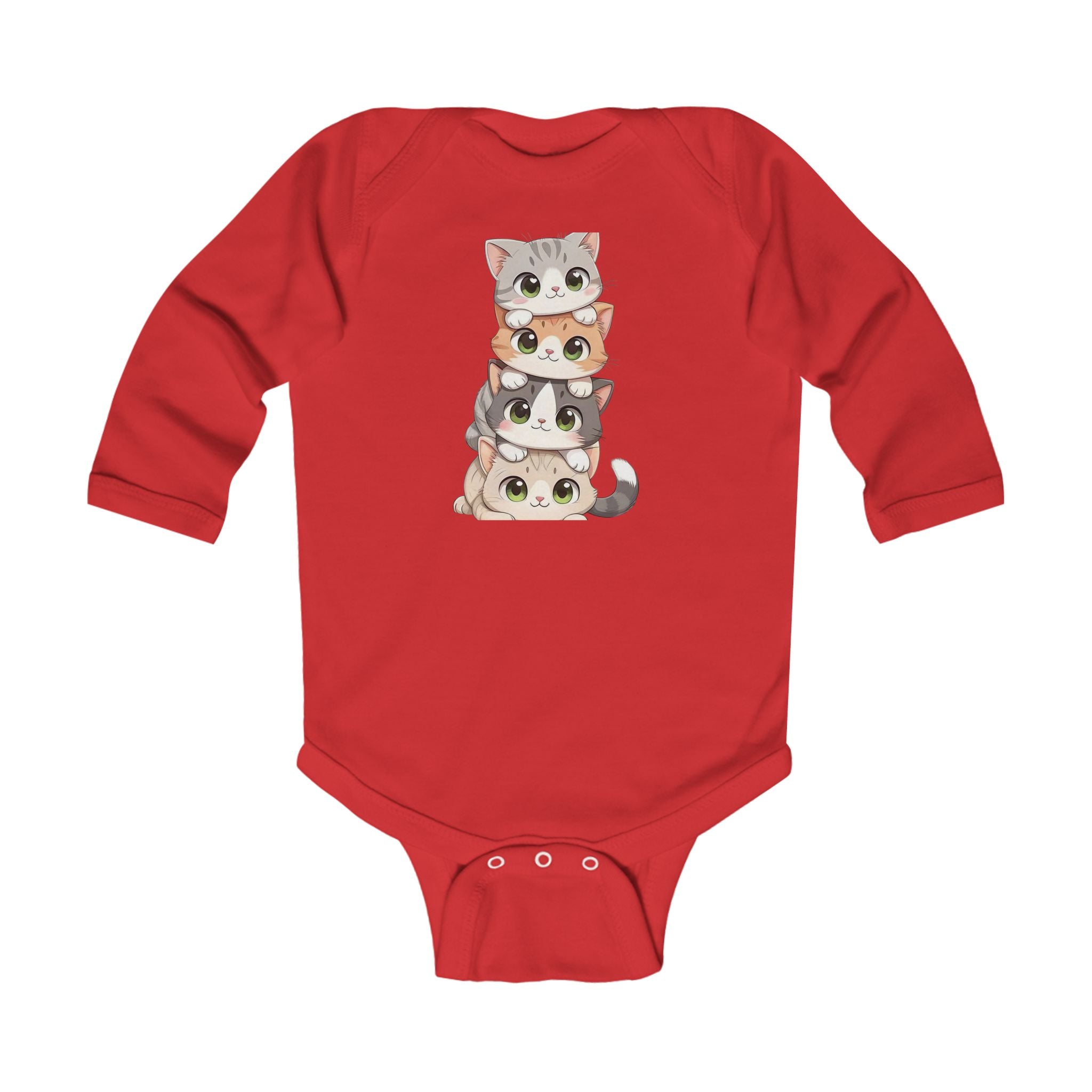 Infant Bodysuit - Cute Stacked Kittens Long Sleeve Baby Onesie (Adorable Paw Print Back Design)