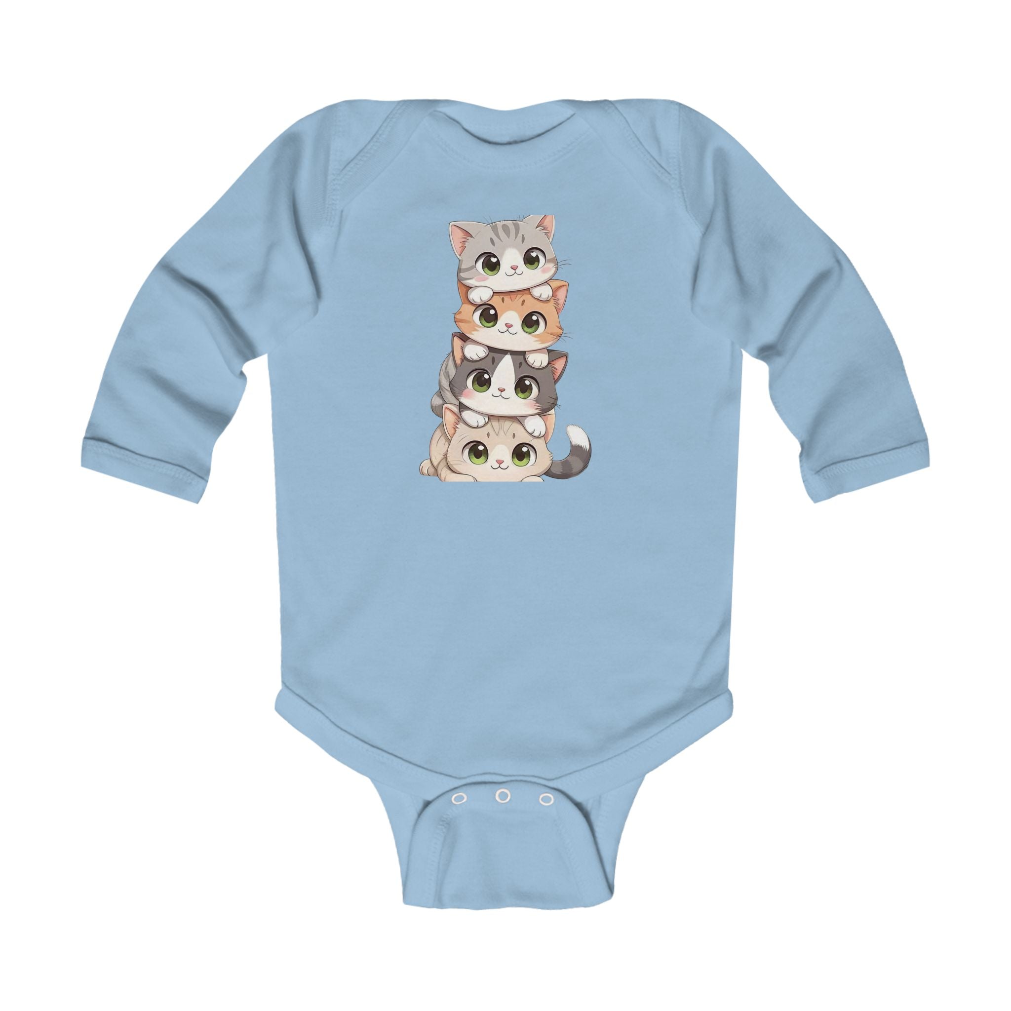 Infant Bodysuit - Cute Stacked Kittens Long Sleeve Baby Onesie (Adorable Paw Print Back Design)
