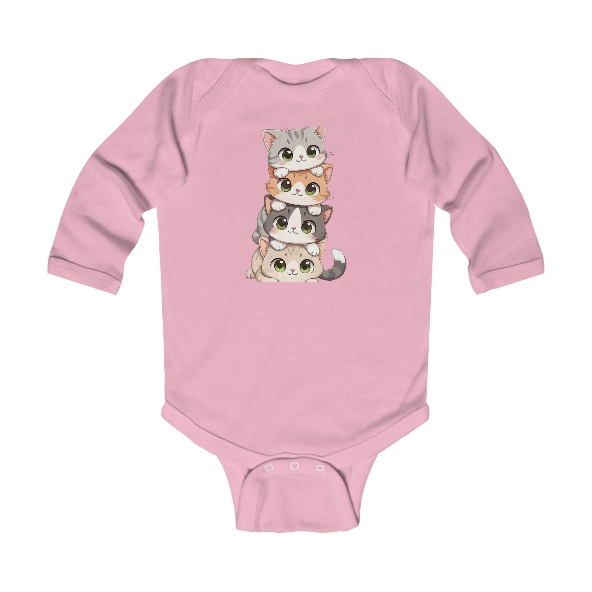 Infant Bodysuit - Cute Stacked Kittens Long Sleeve Baby Onesie (Adorable Paw Print Back Design)