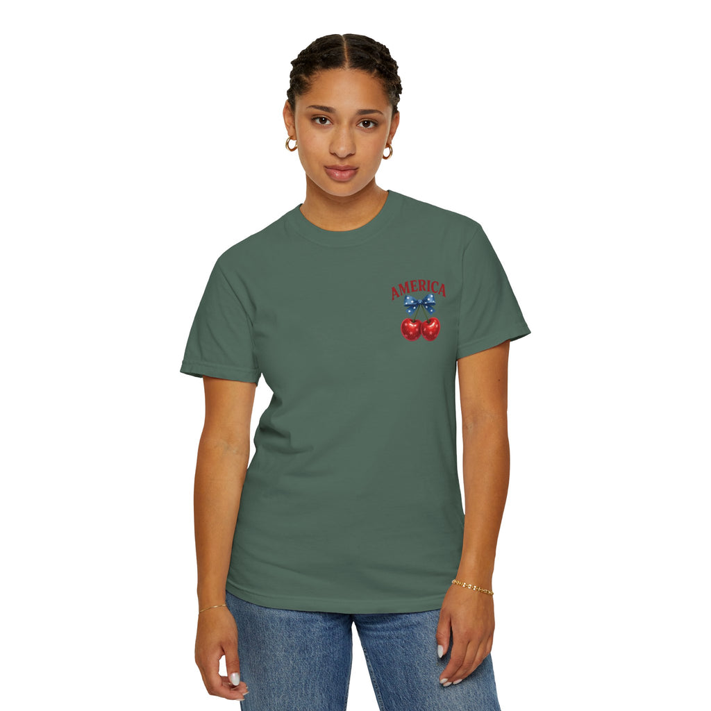 America Cherry Bow T-shirt | Patriotic Stars & Stripes Cherry Design
